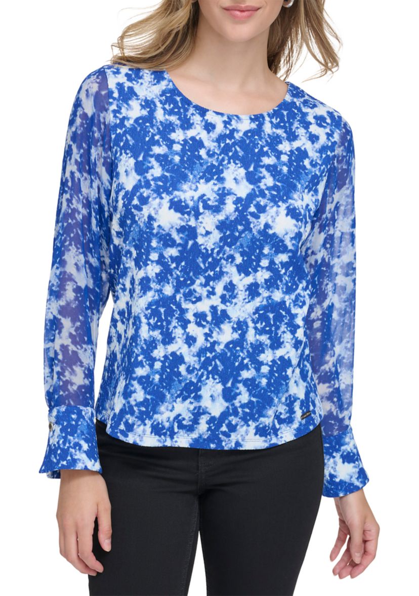 Womens Bell Sleeve Chiffon Floral Blouse