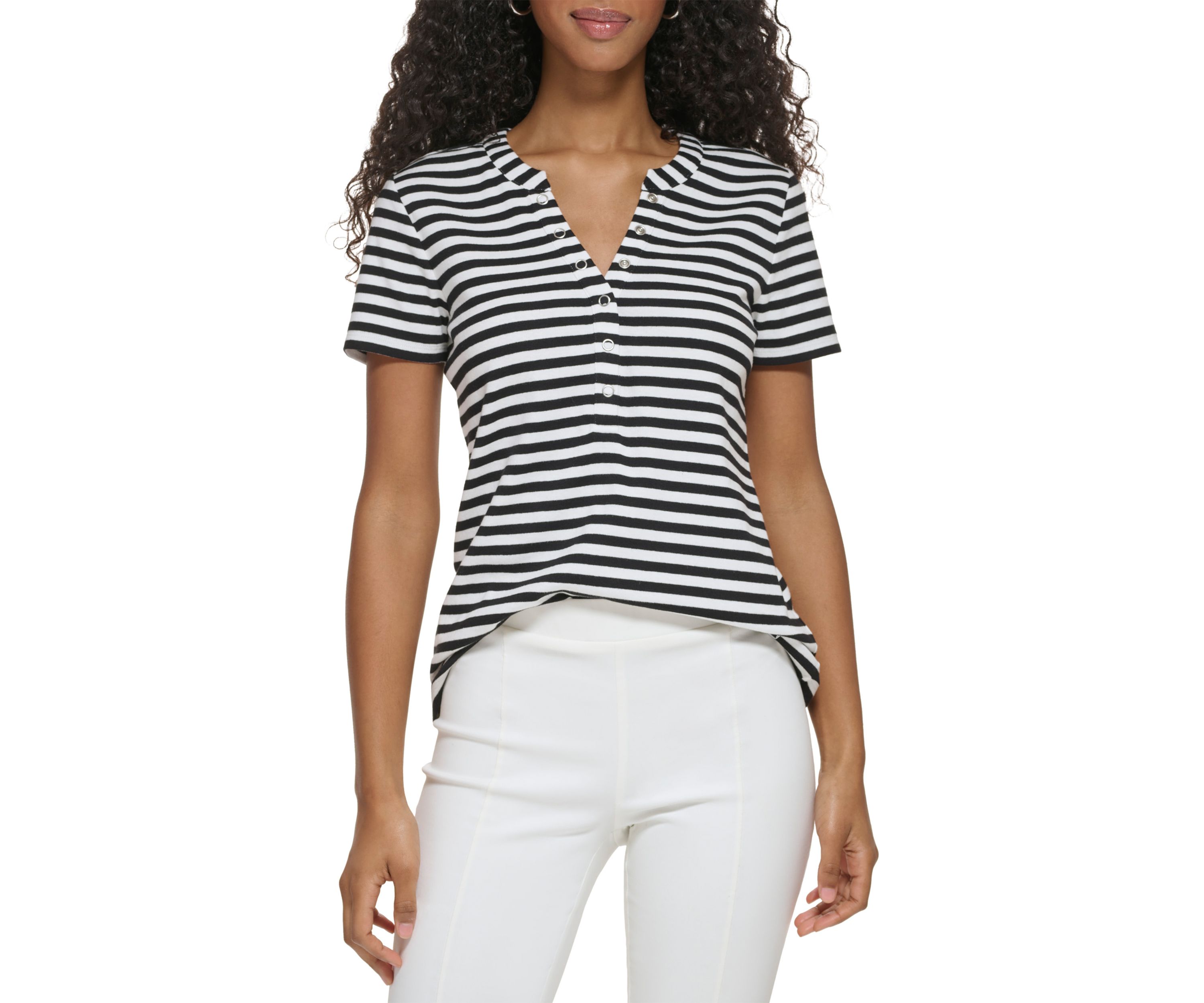 Womens Modern Essentials Rib Knit Henley Striped T-Shirt