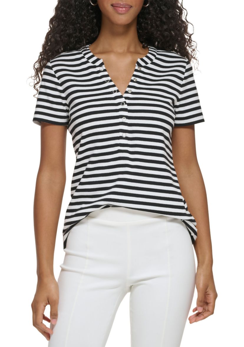 Womens Modern Essentials Rib Knit Henley Striped T-Shirt