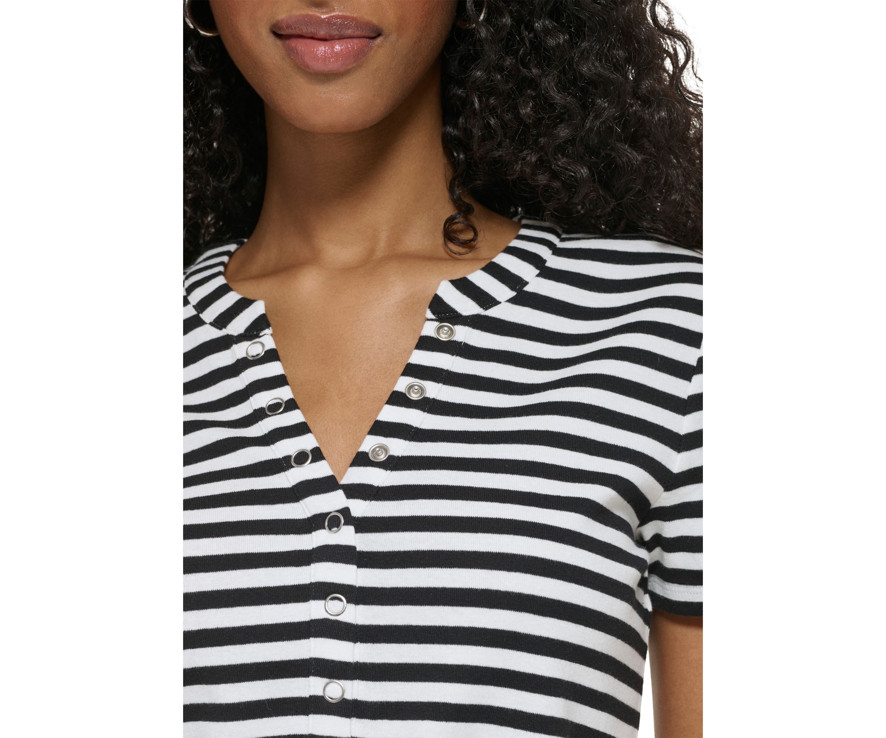 Womens Modern Essentials Rib Knit Henley Striped T-Shirt
