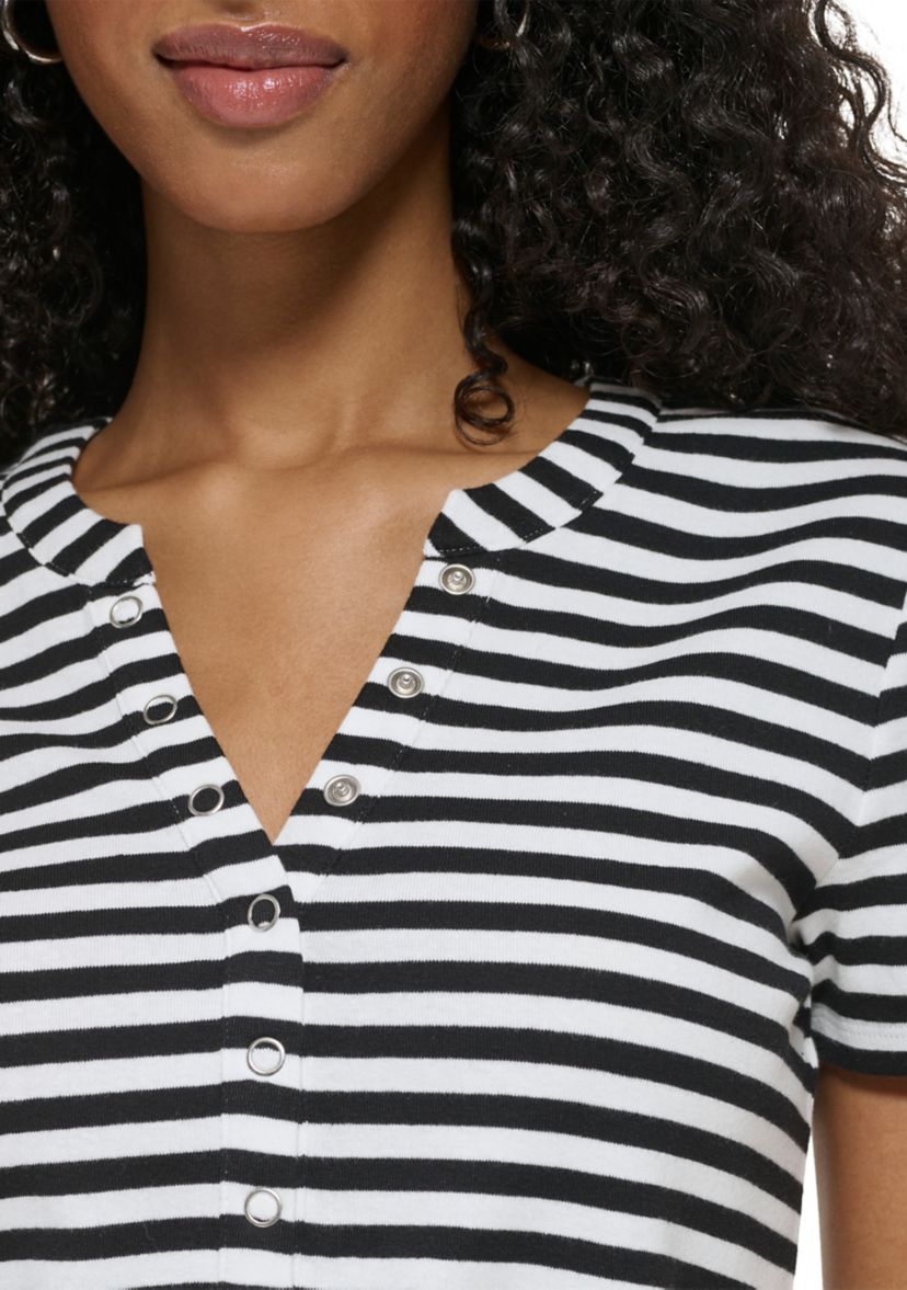 Womens Modern Essentials Rib Knit Henley Striped T-Shirt