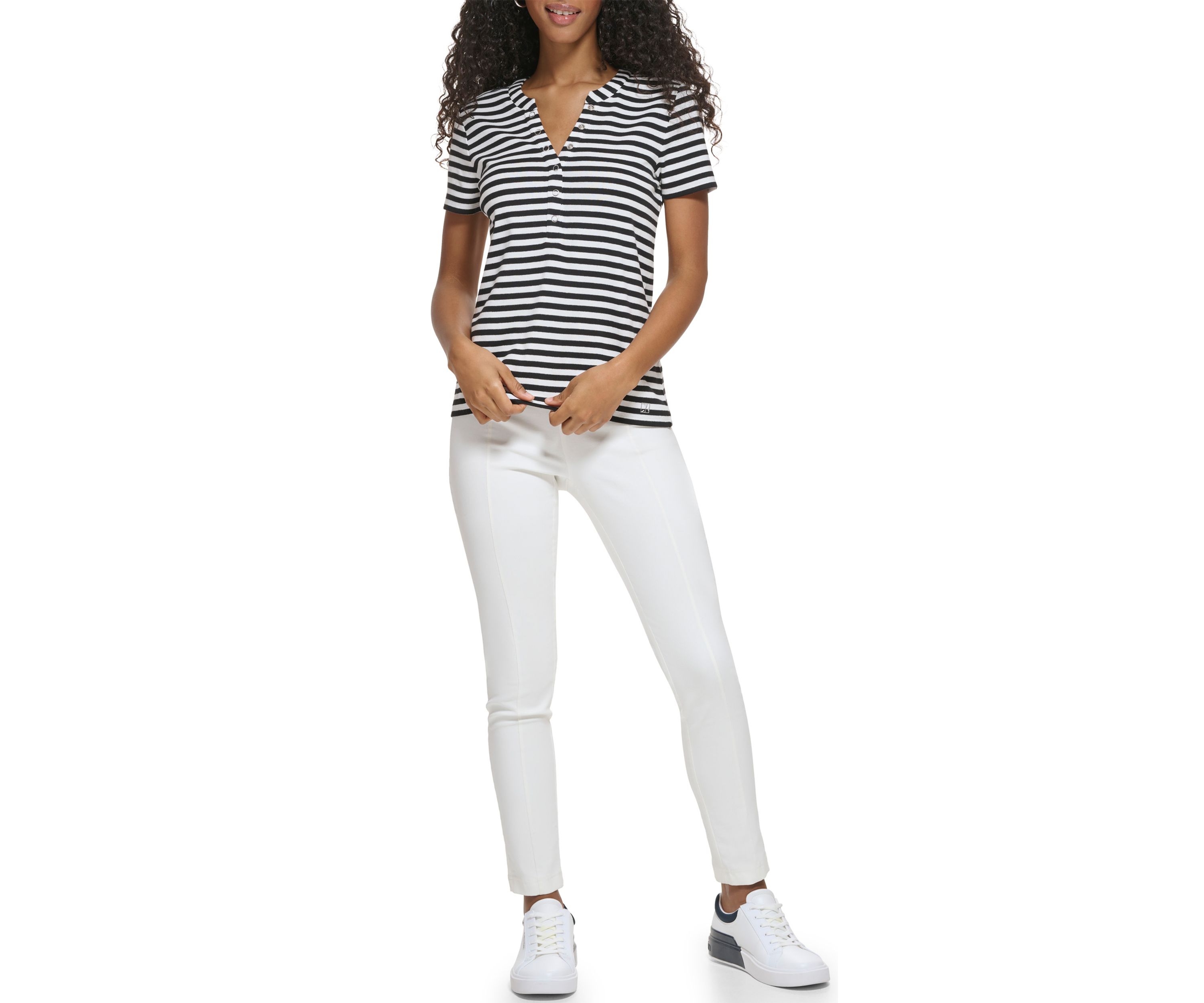 Womens Modern Essentials Rib Knit Henley Striped T-Shirt
