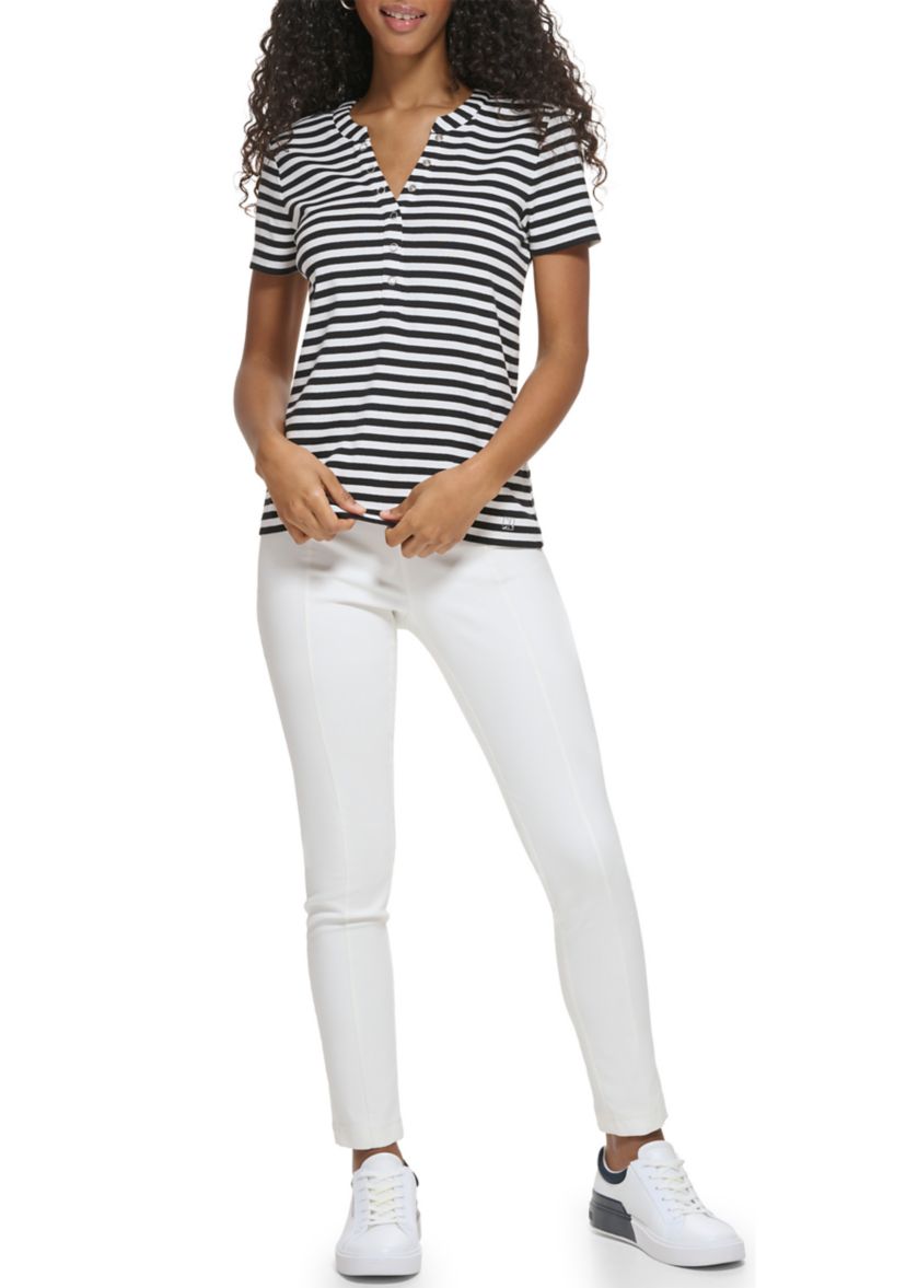 Womens Modern Essentials Rib Knit Henley Striped T-Shirt