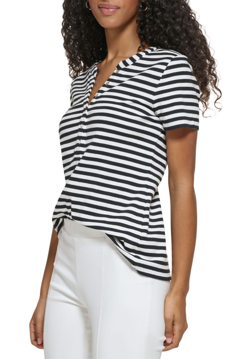 Womens Modern Essentials Rib Knit Henley Striped T-Shirt