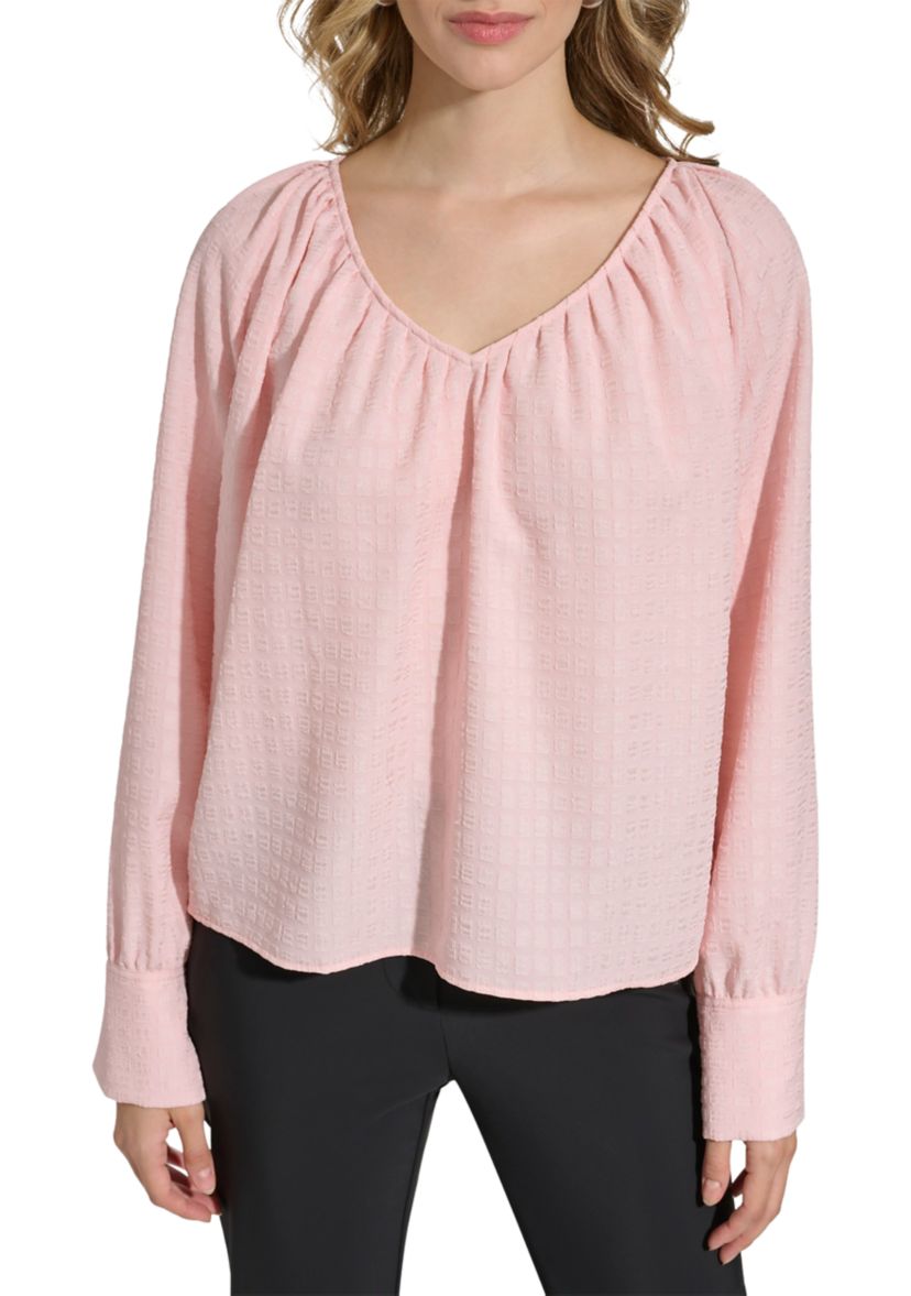 Womens V-Neck Window Pane Blouse