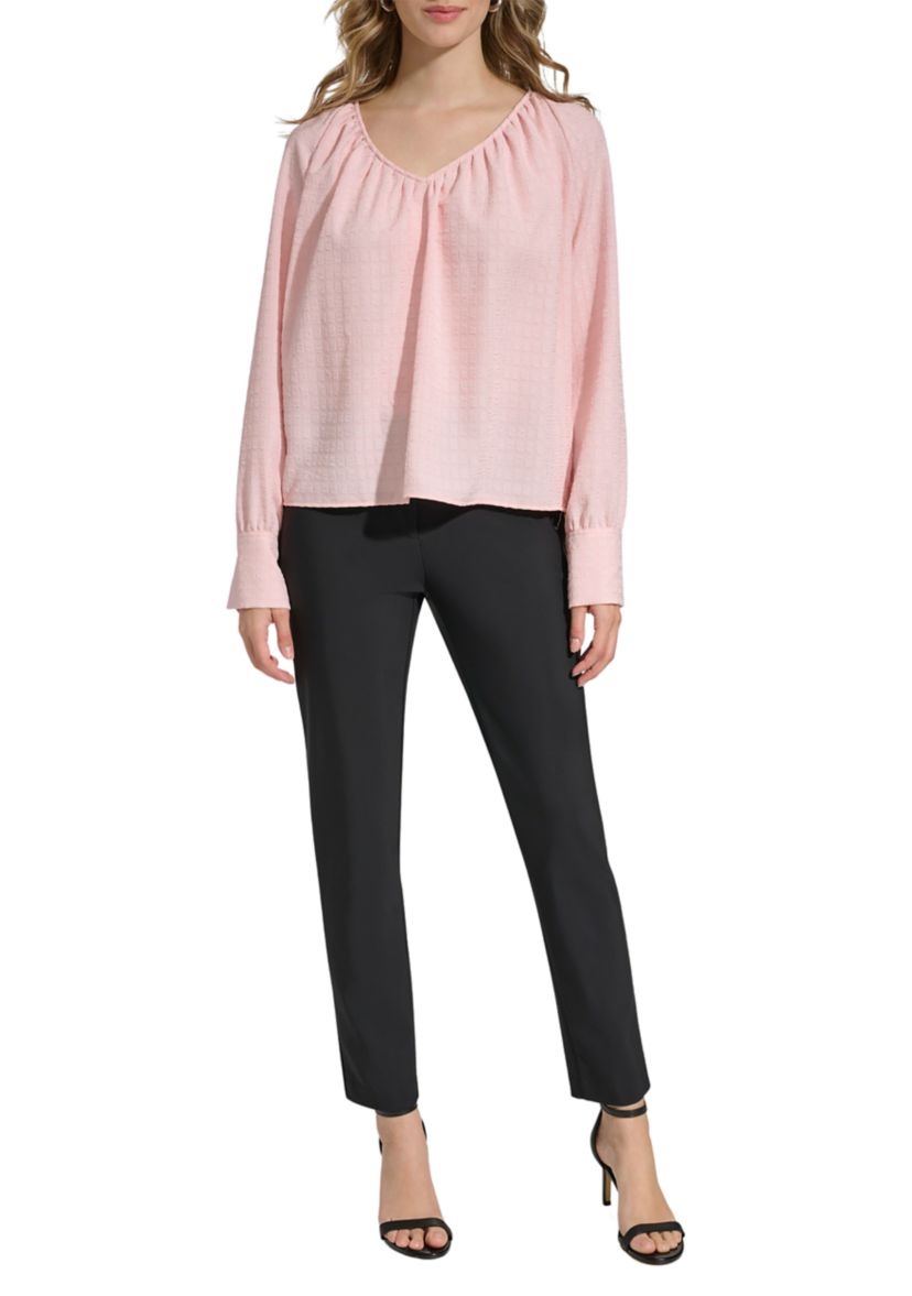 Womens V-Neck Window Pane Blouse