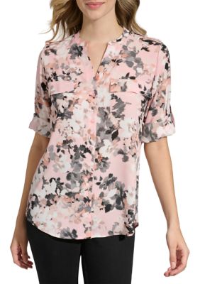 Calvin Klein Solid Crepe de Chine Split V-Neck Long Sleeve Blouse