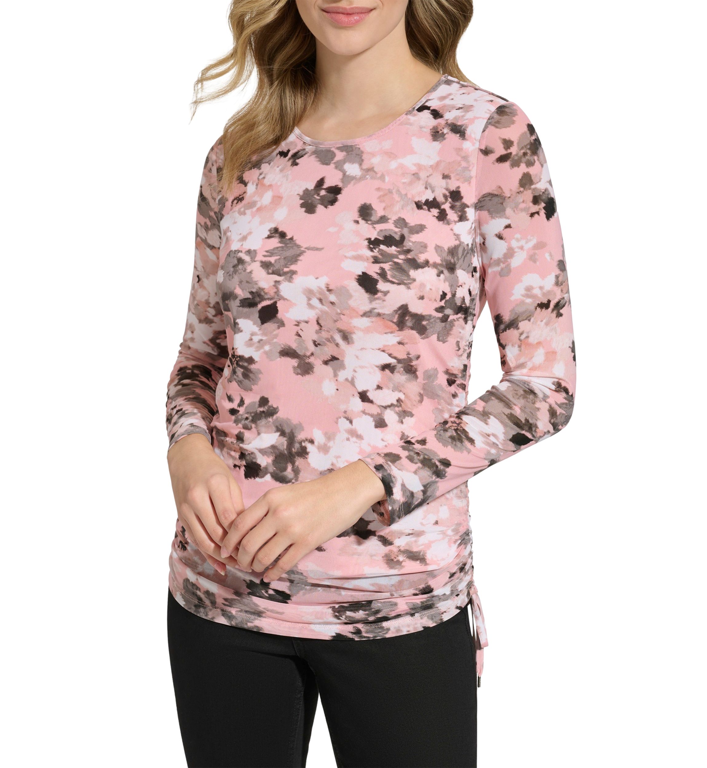 Womens Side Ruched Printed Mesh Blouse