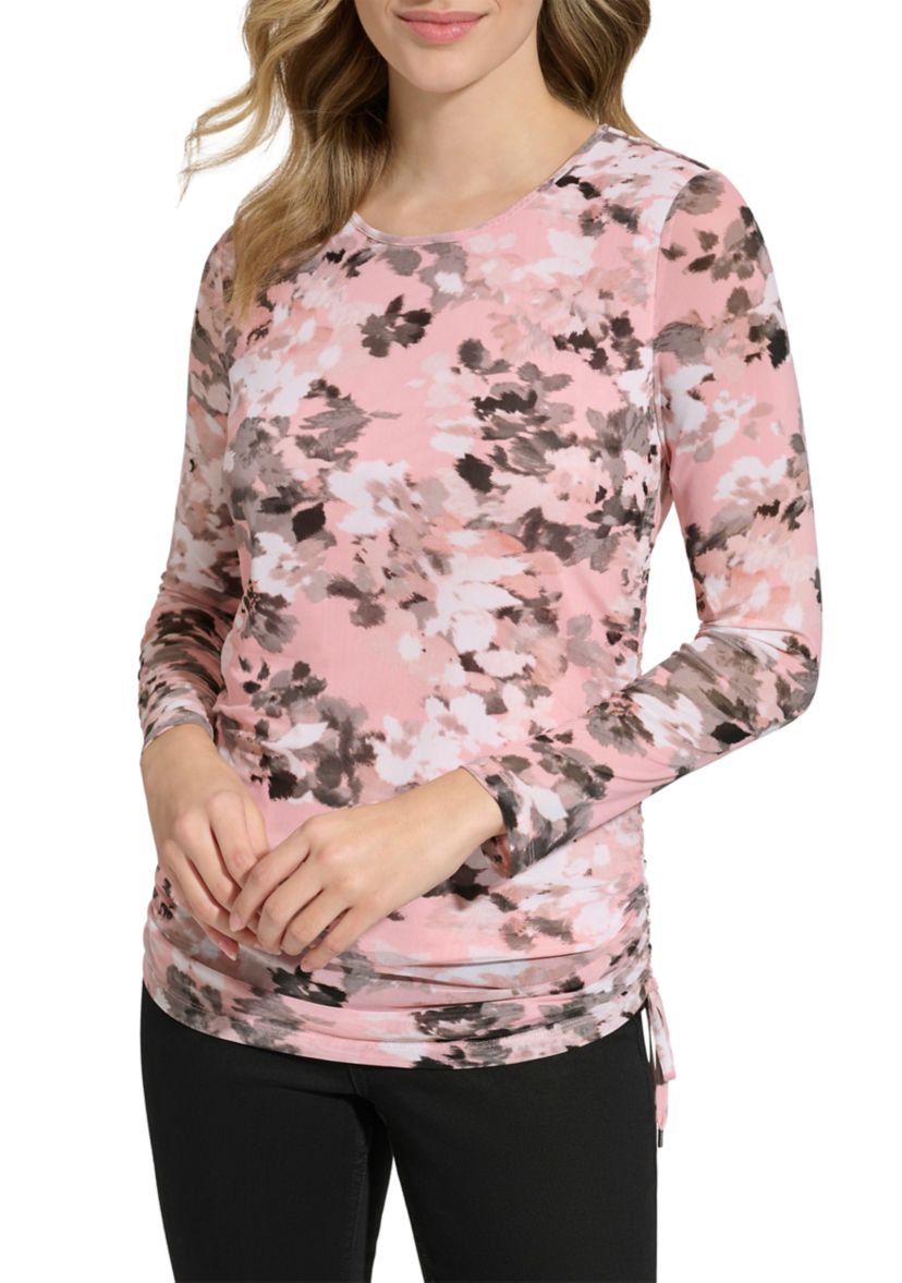 Womens Side Ruched Printed Mesh Blouse