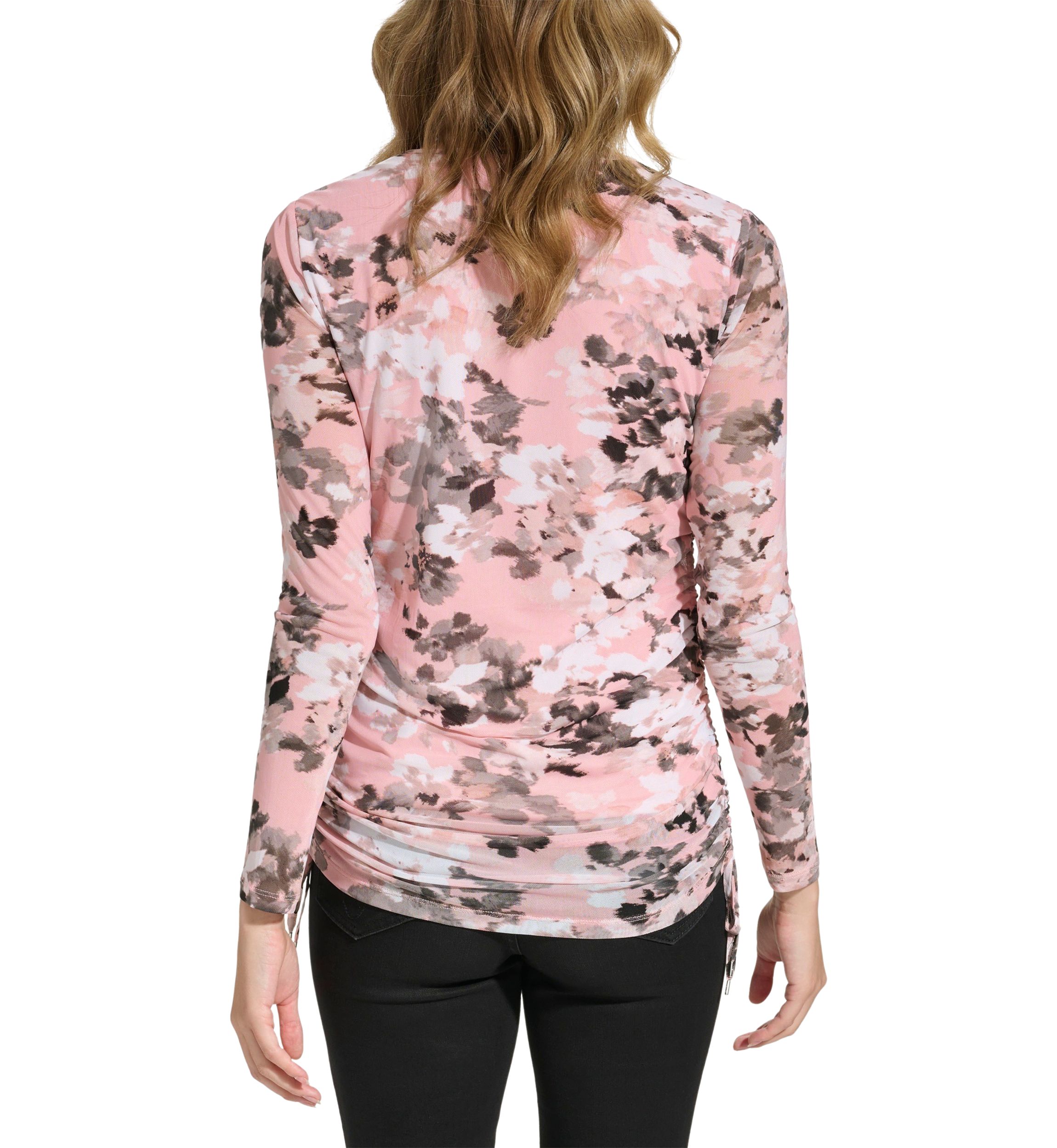 Womens Side Ruched Printed Mesh Blouse