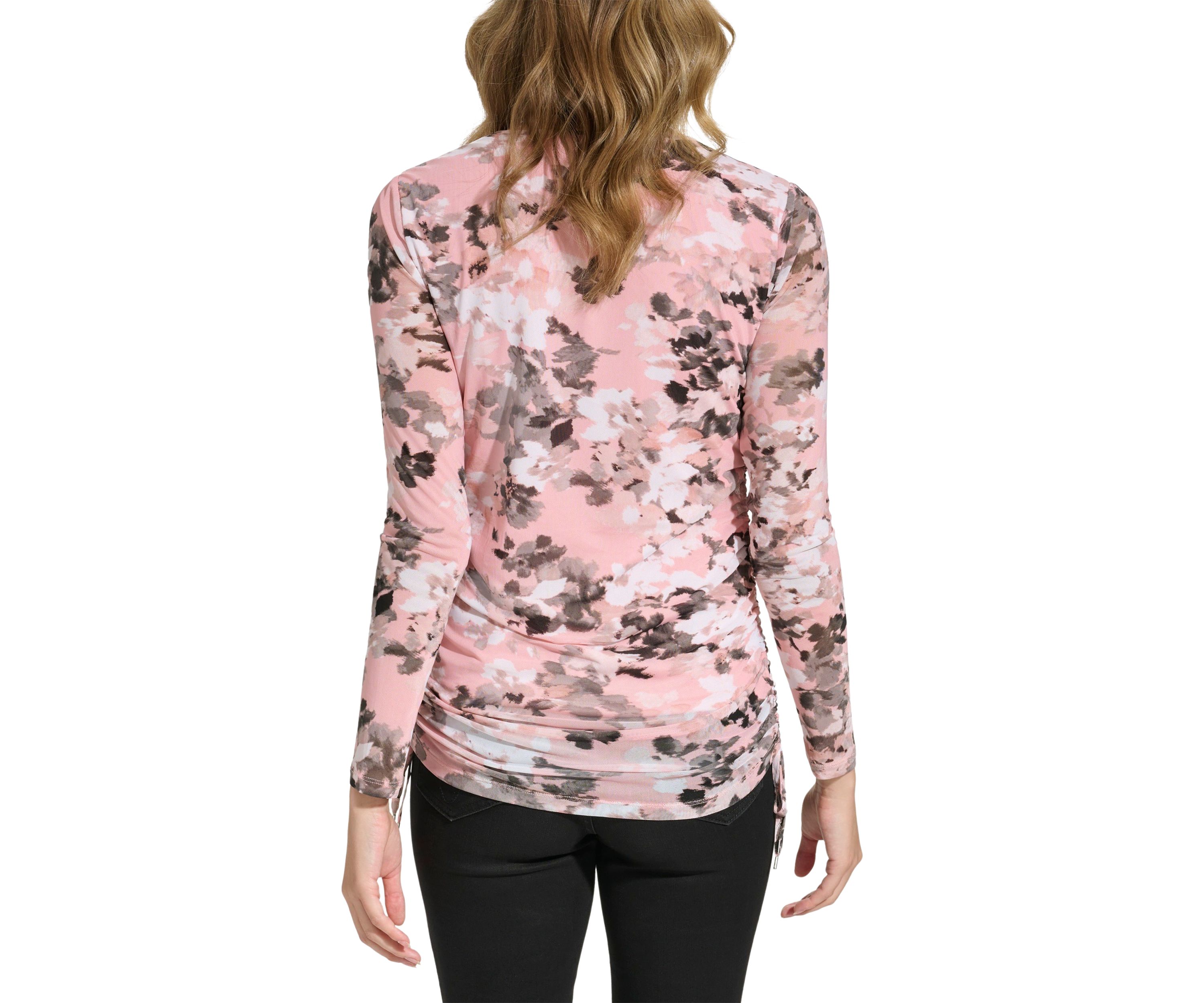 Womens Side Ruched Printed Mesh Blouse