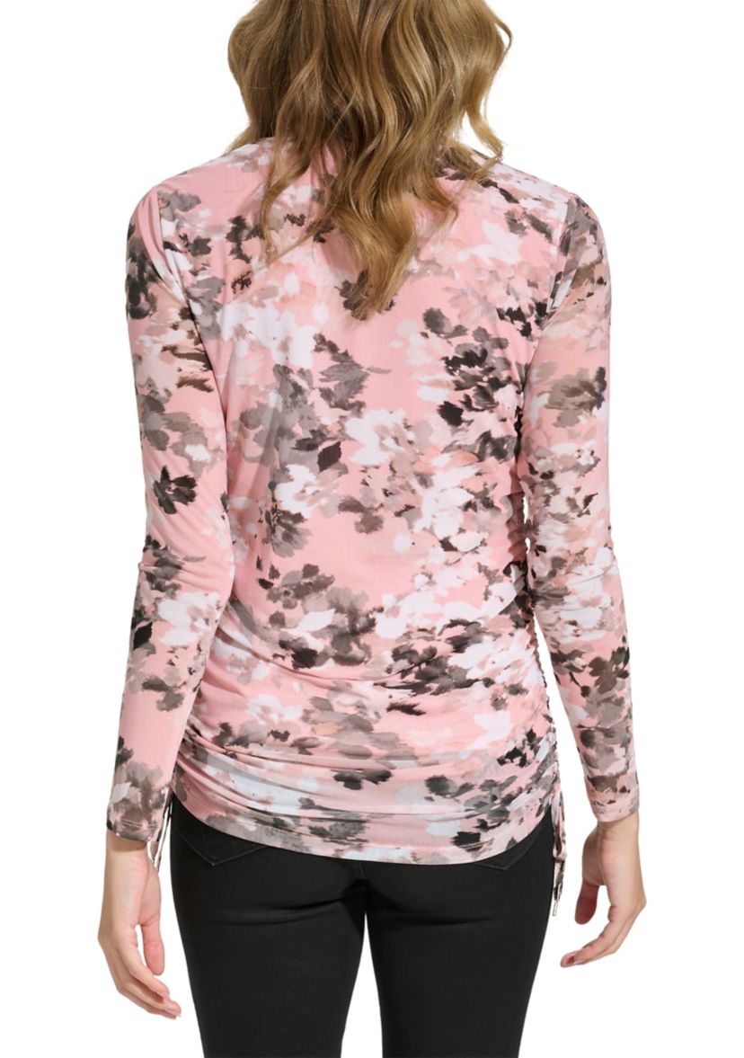 Womens Side Ruched Printed Mesh Blouse