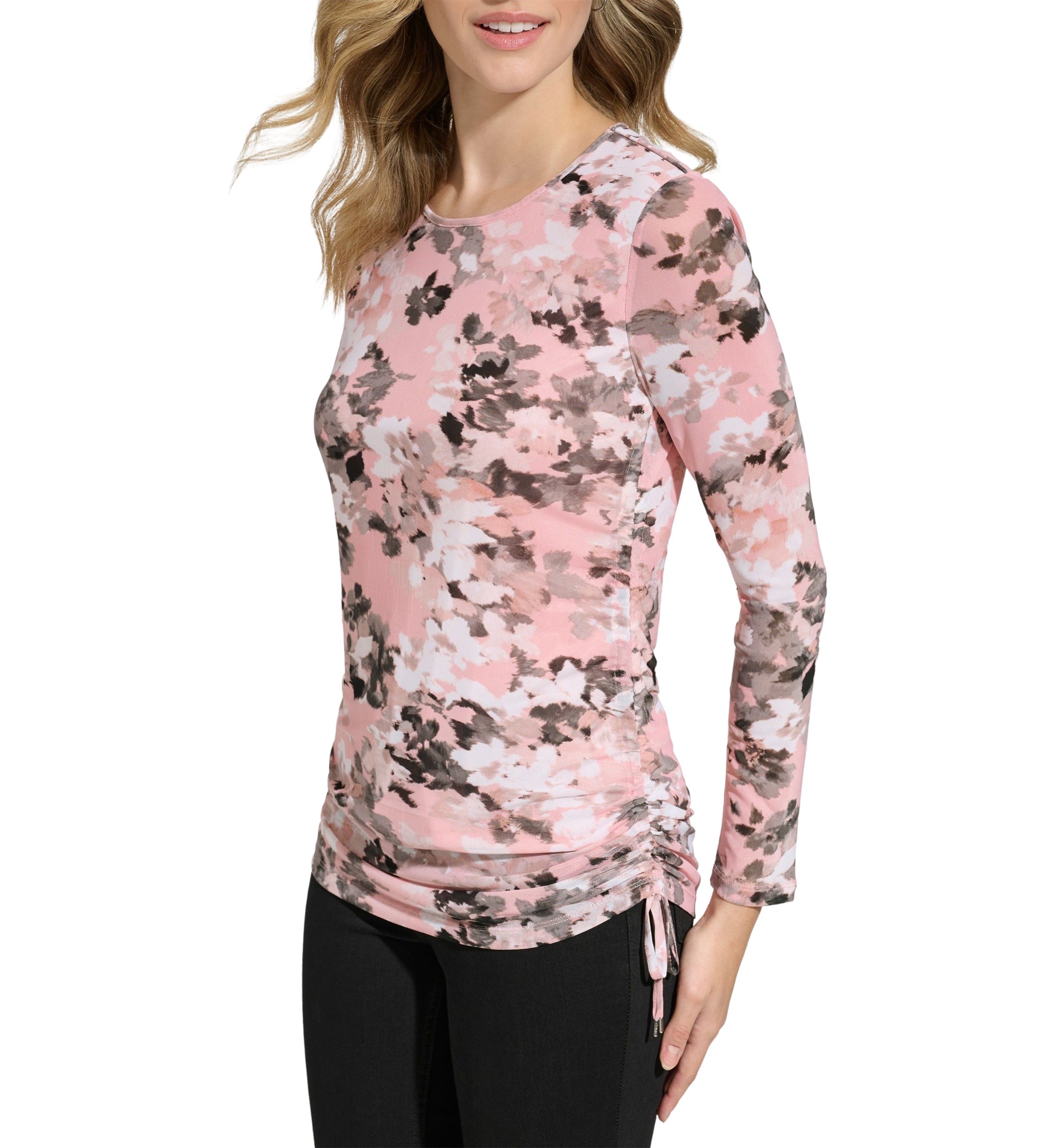 Womens Side Ruched Printed Mesh Blouse