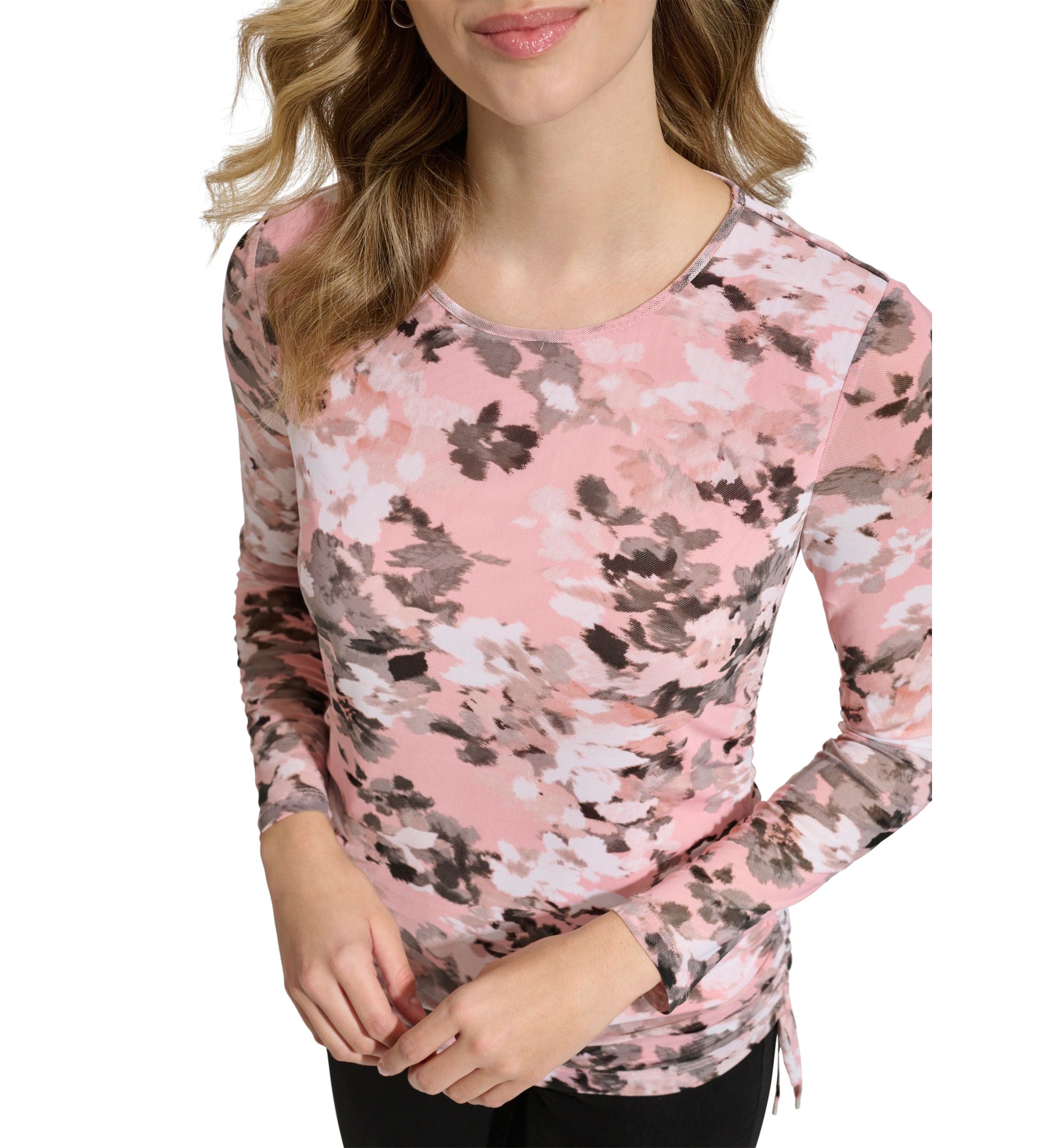 Womens Side Ruched Printed Mesh Blouse