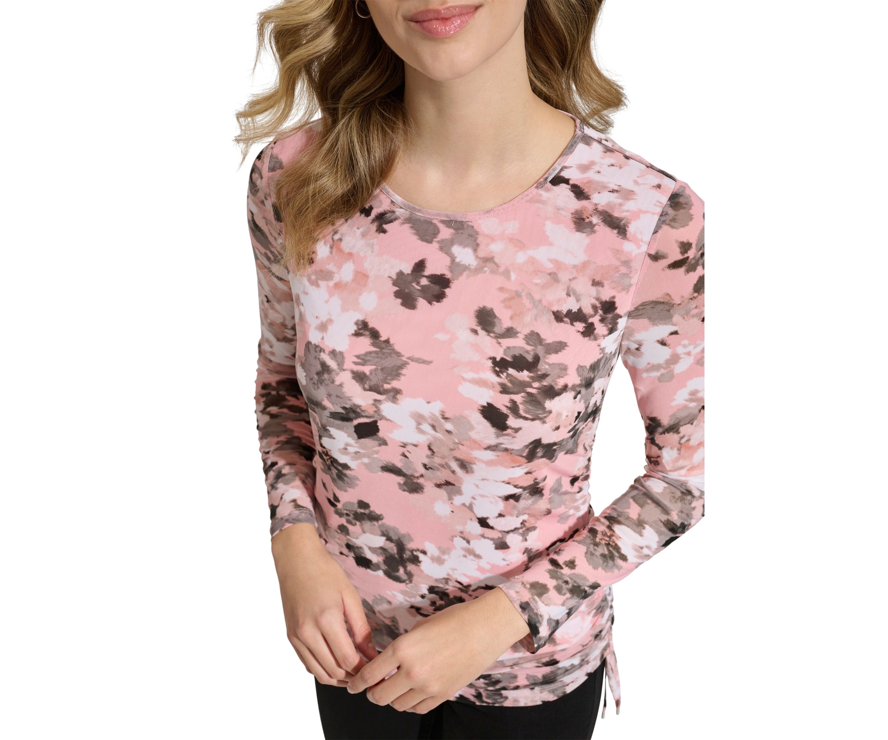 Womens Side Ruched Printed Mesh Blouse