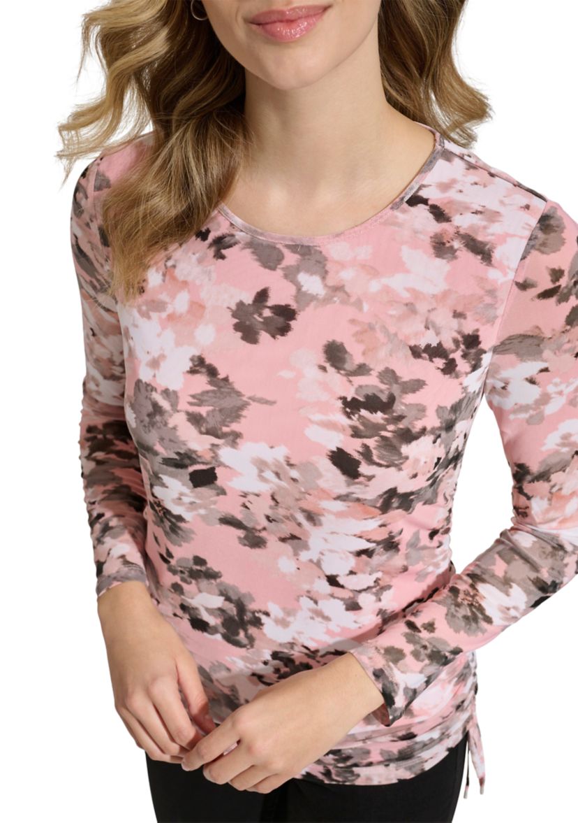 Womens Side Ruched Printed Mesh Blouse