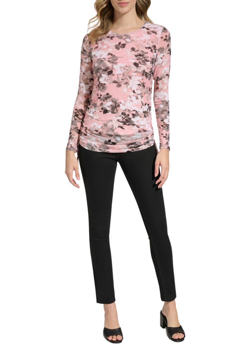 Womens Side Ruched Printed Mesh Blouse
