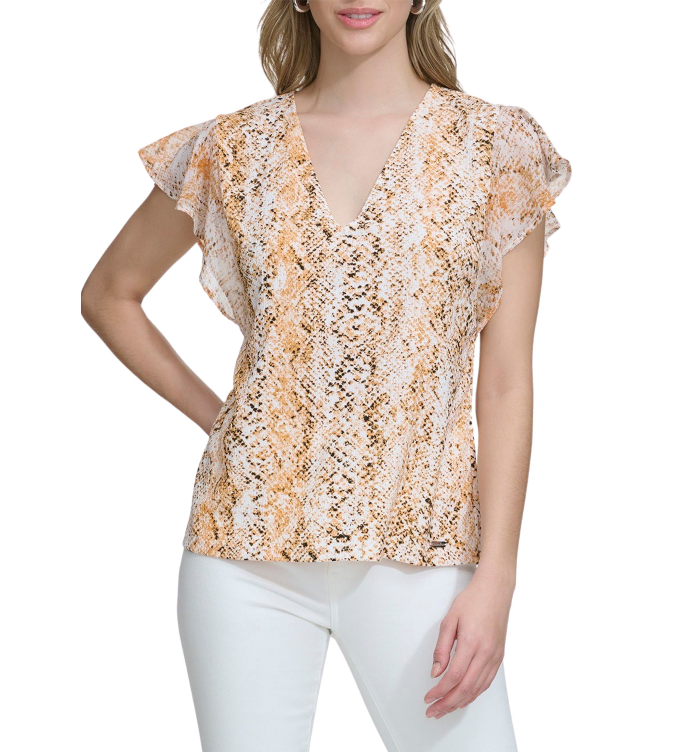 Womens Chiffon Ruffle Sleeve Printed Top