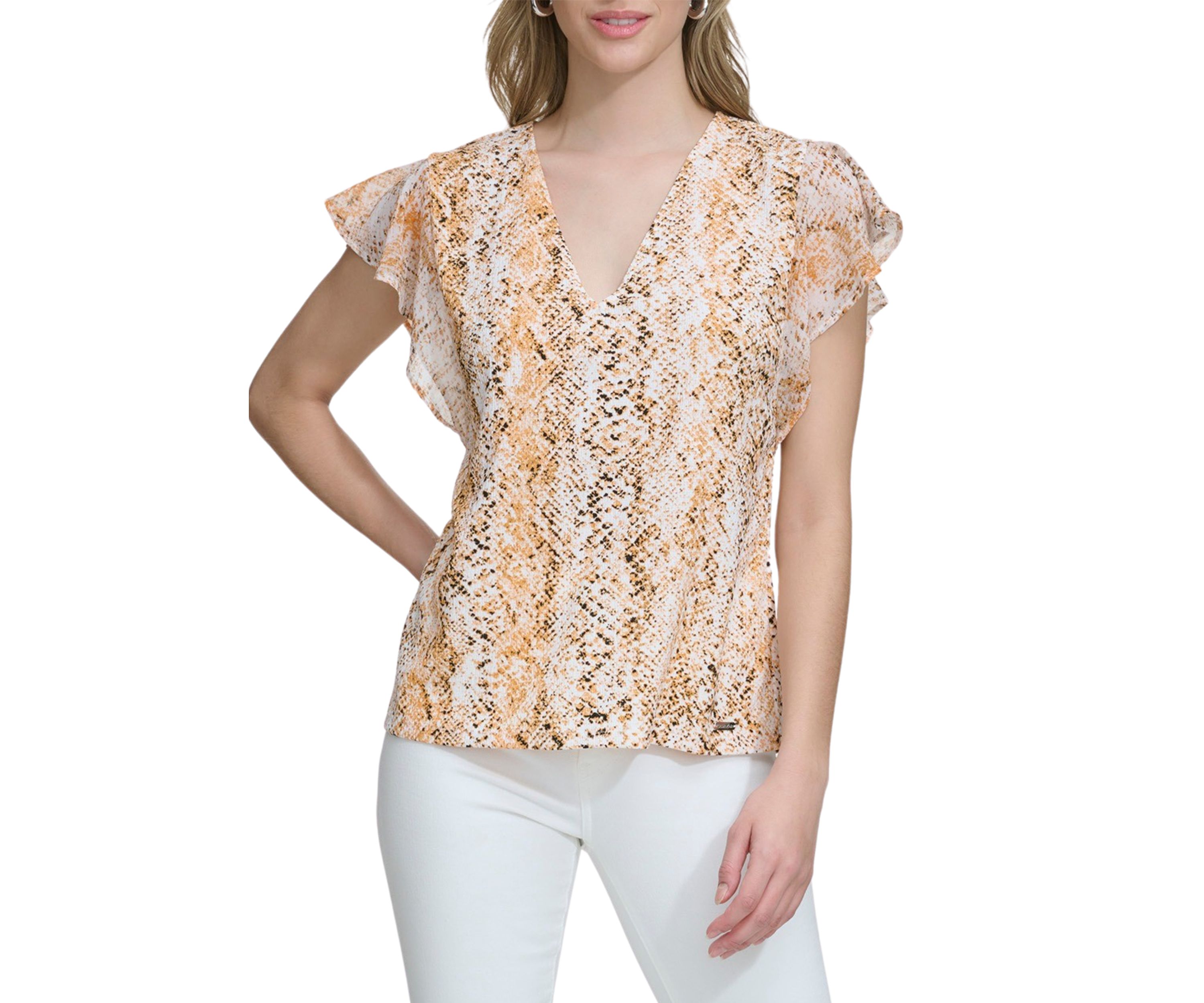 Womens Chiffon Ruffle Sleeve Printed Top