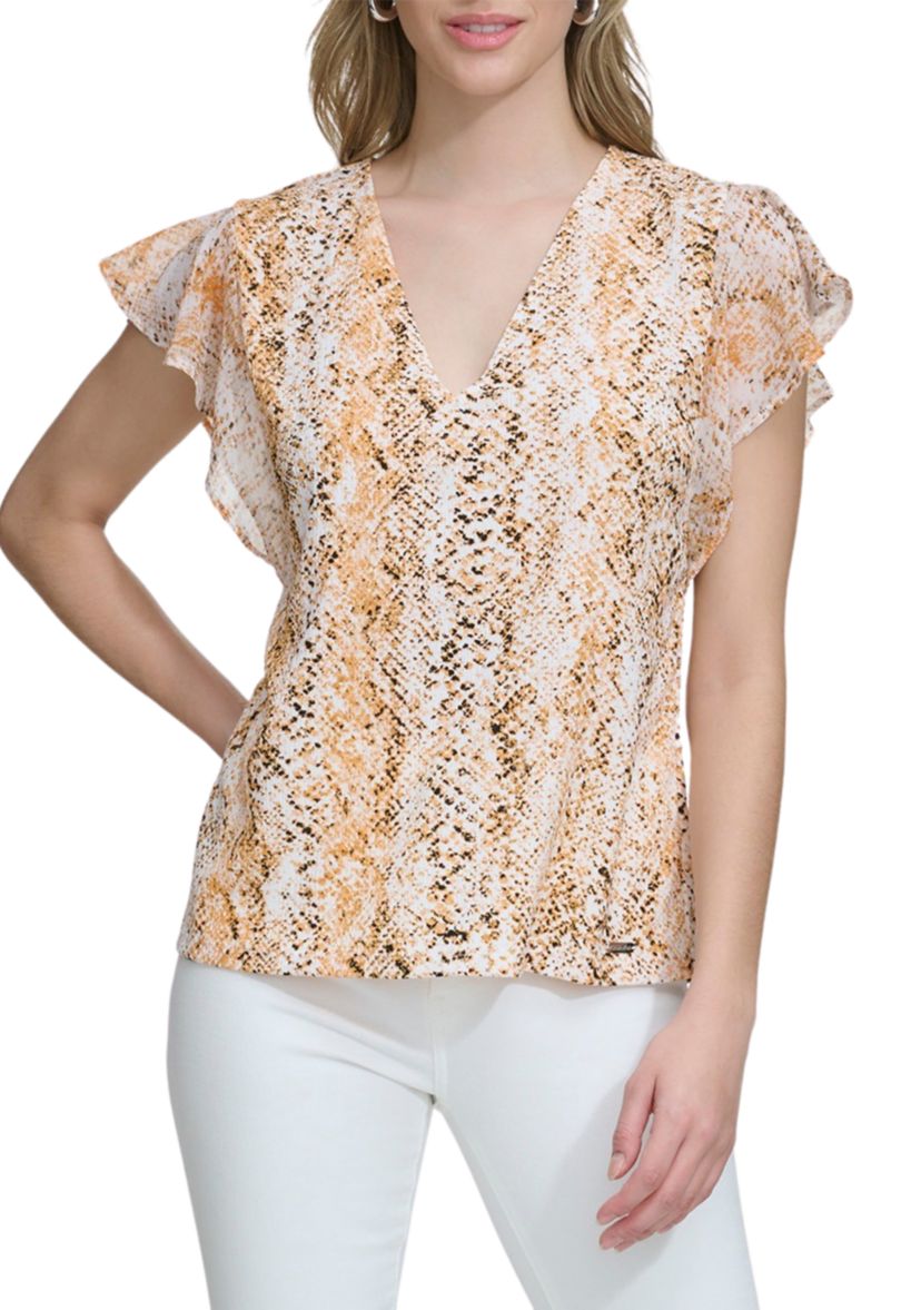 Womens Chiffon Ruffle Sleeve Printed Top