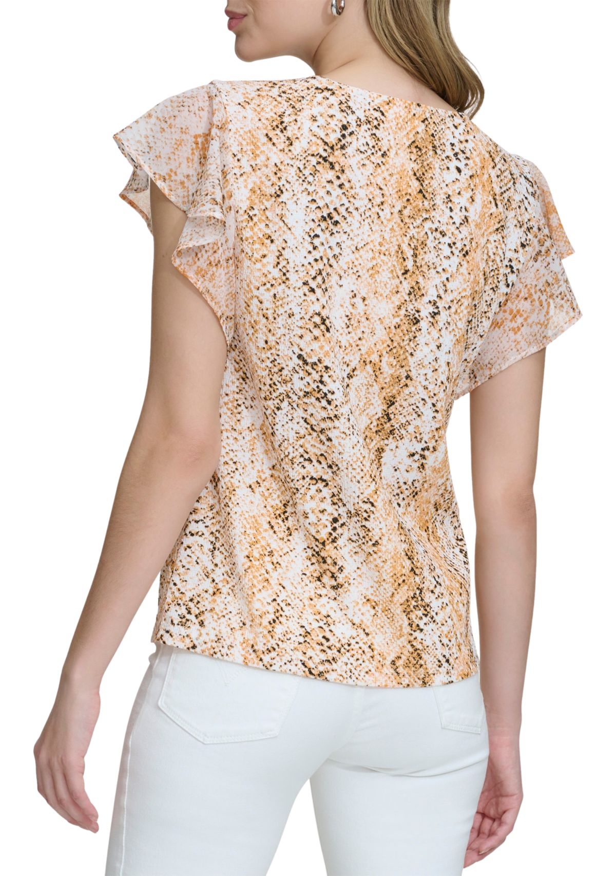 Womens Chiffon Ruffle Sleeve Printed Top