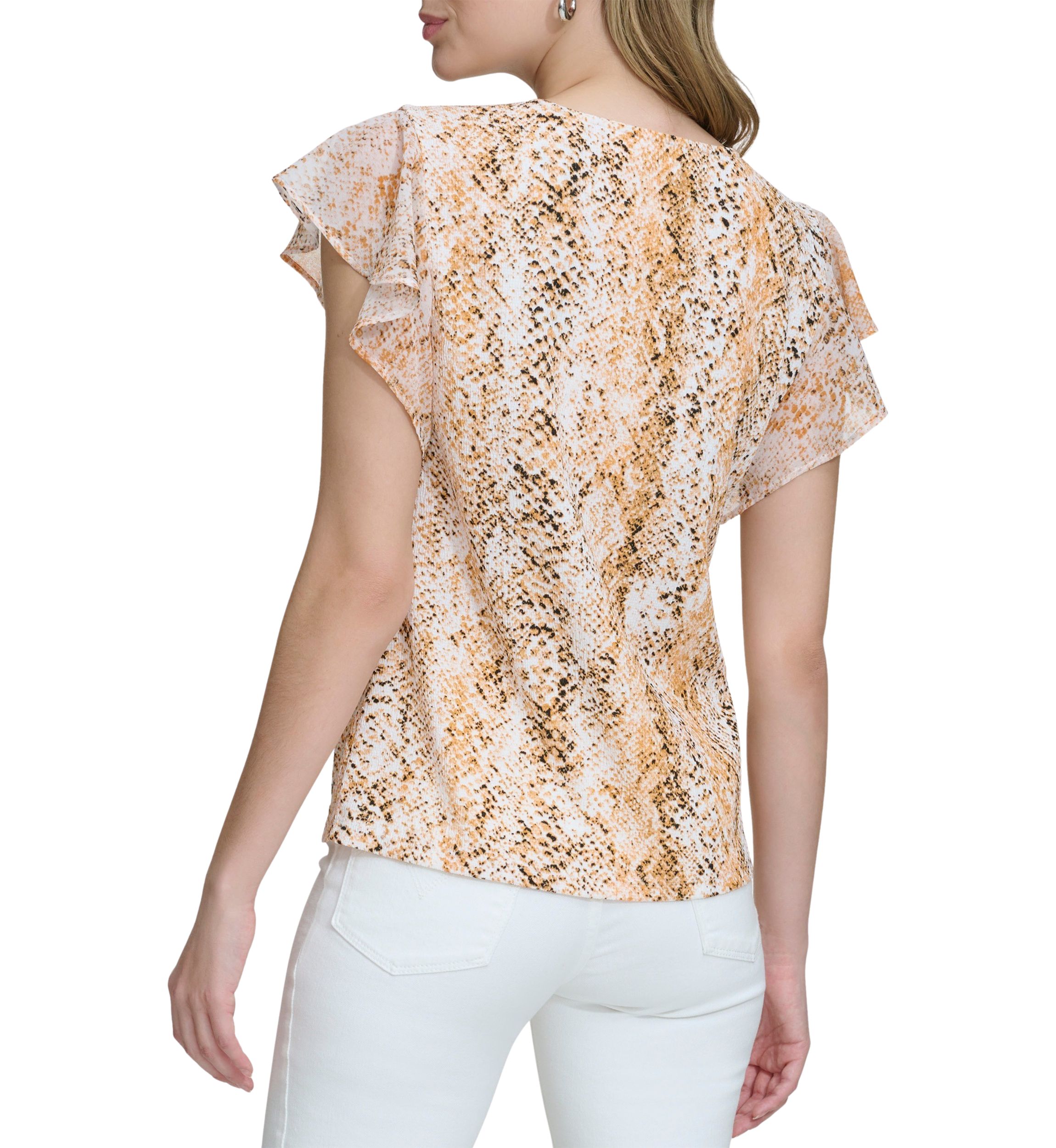 Womens Chiffon Ruffle Sleeve Printed Top
