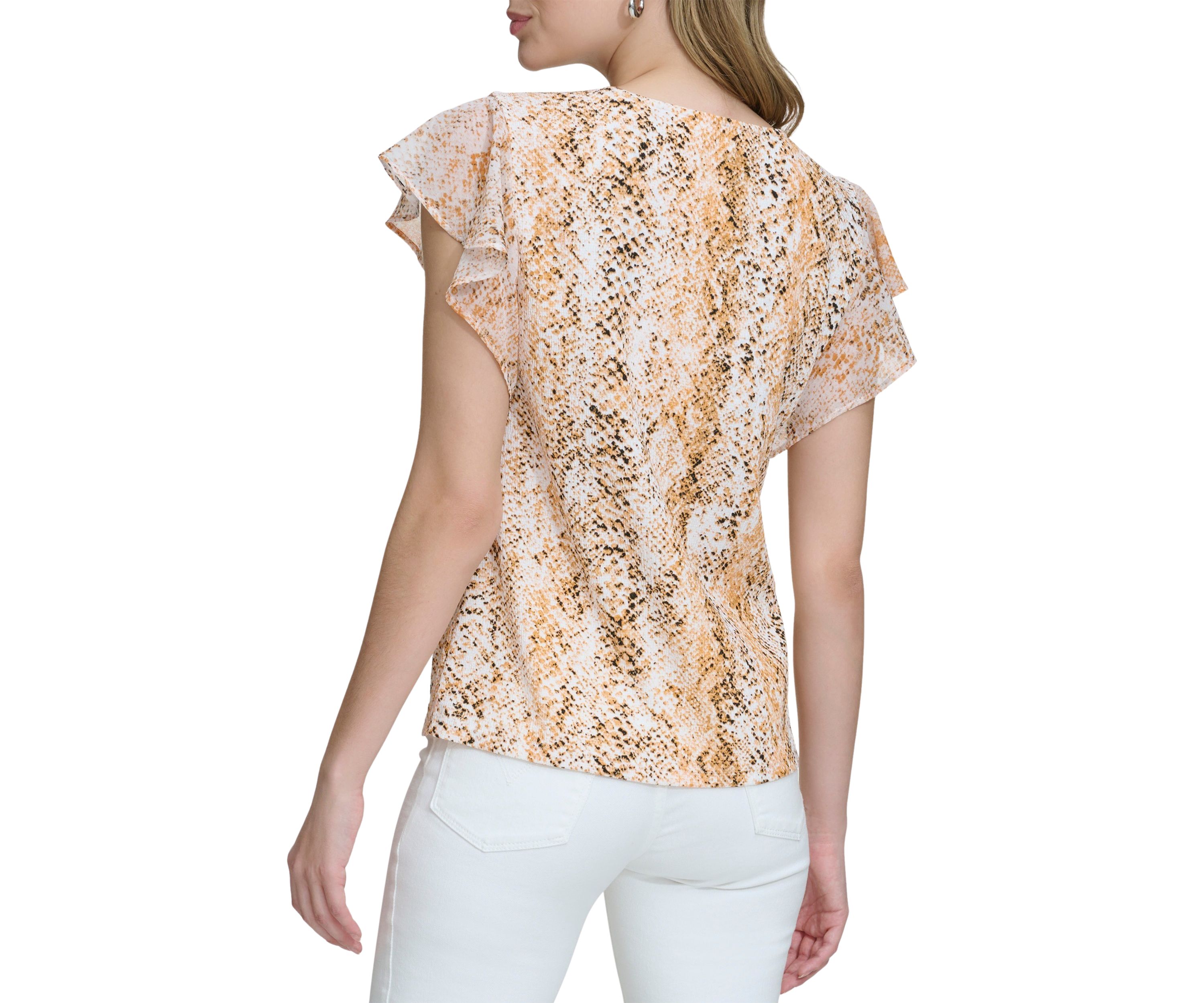 Womens Chiffon Ruffle Sleeve Printed Top