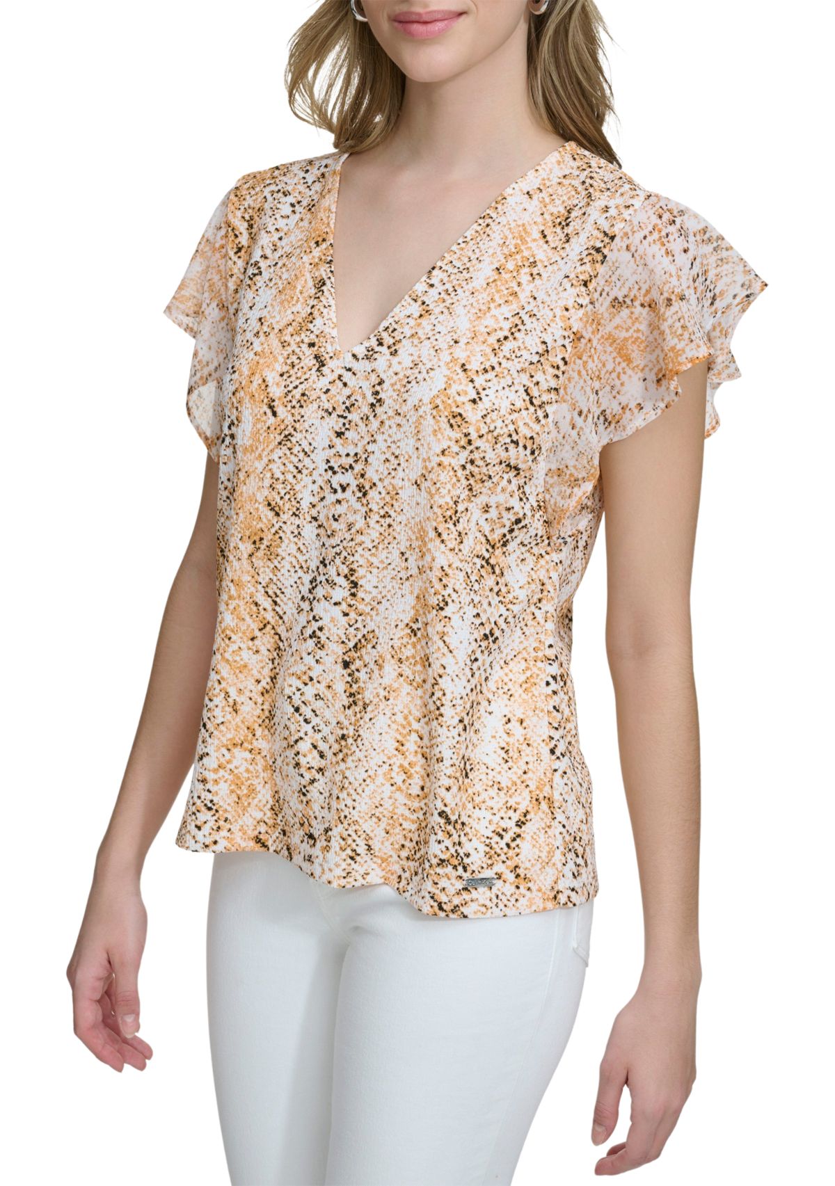 Womens Chiffon Ruffle Sleeve Printed Top