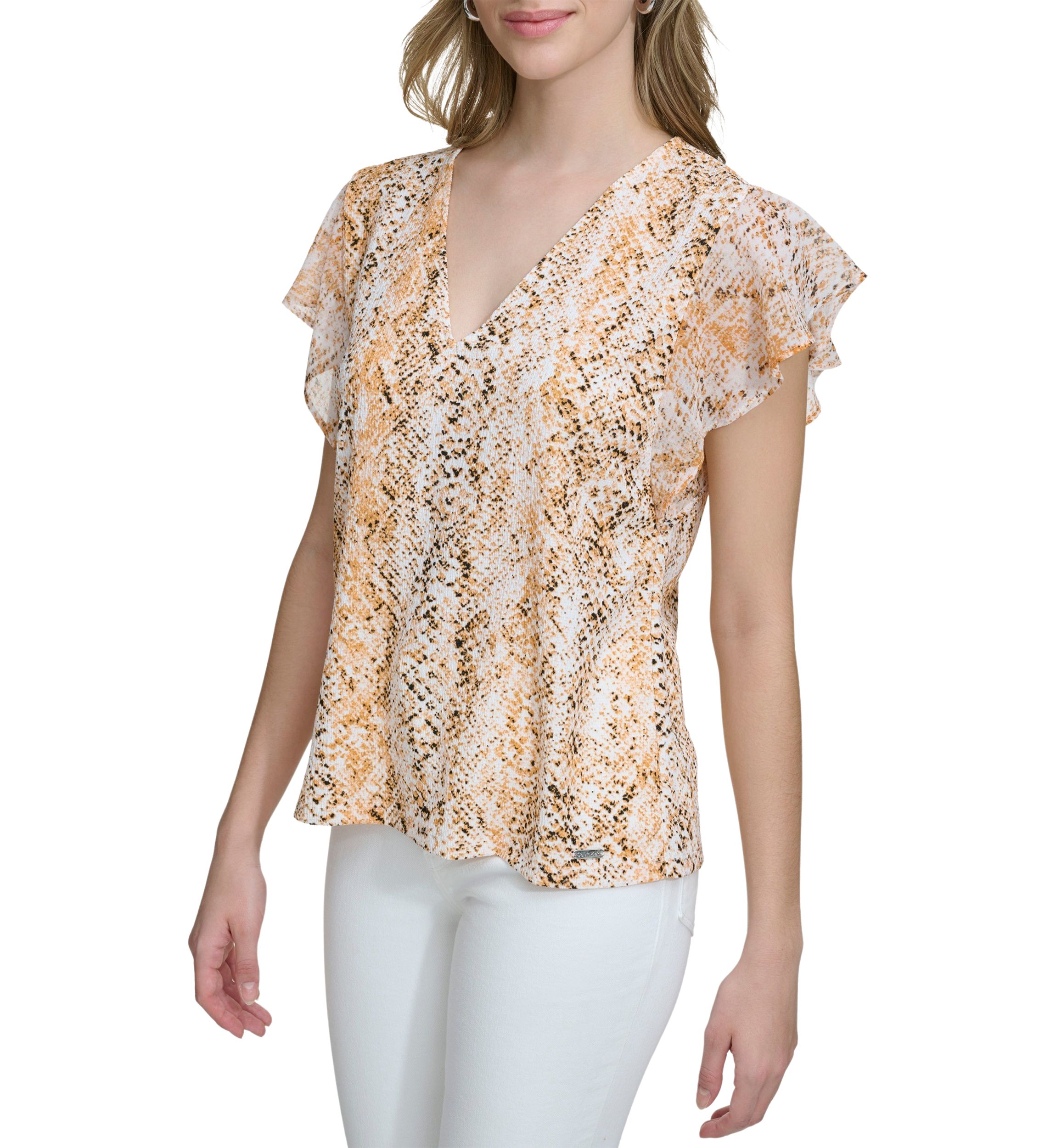 Womens Chiffon Ruffle Sleeve Printed Top