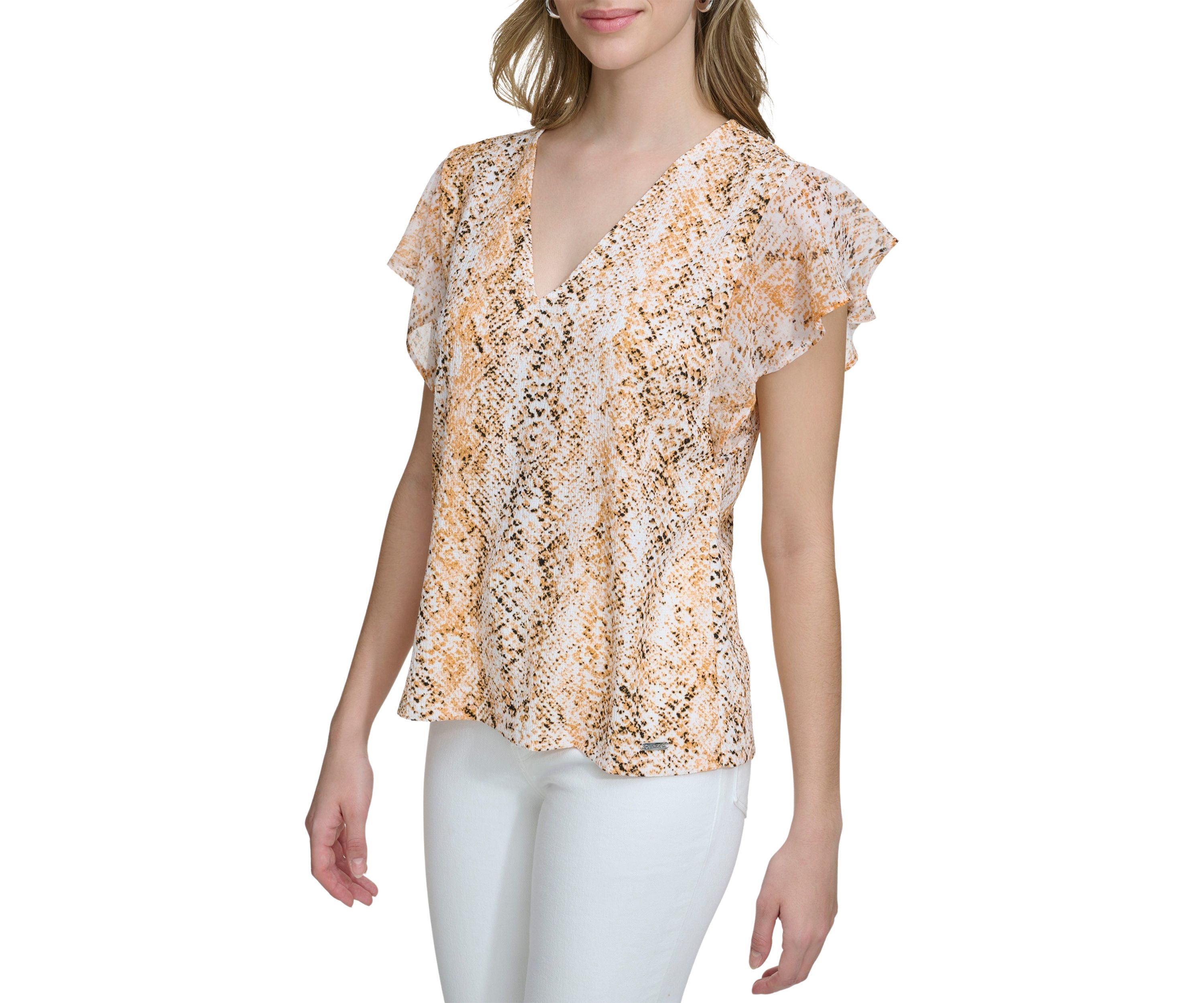 Womens Chiffon Ruffle Sleeve Printed Top