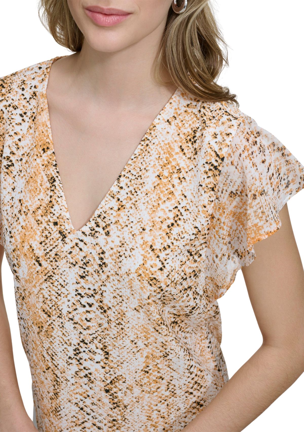 Womens Chiffon Ruffle Sleeve Printed Top