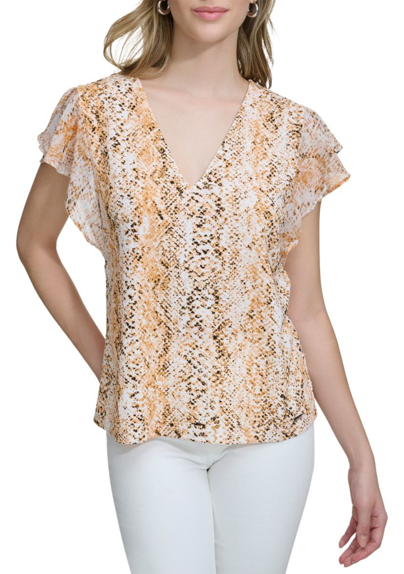 Womens Chiffon Ruffle Sleeve Printed Top