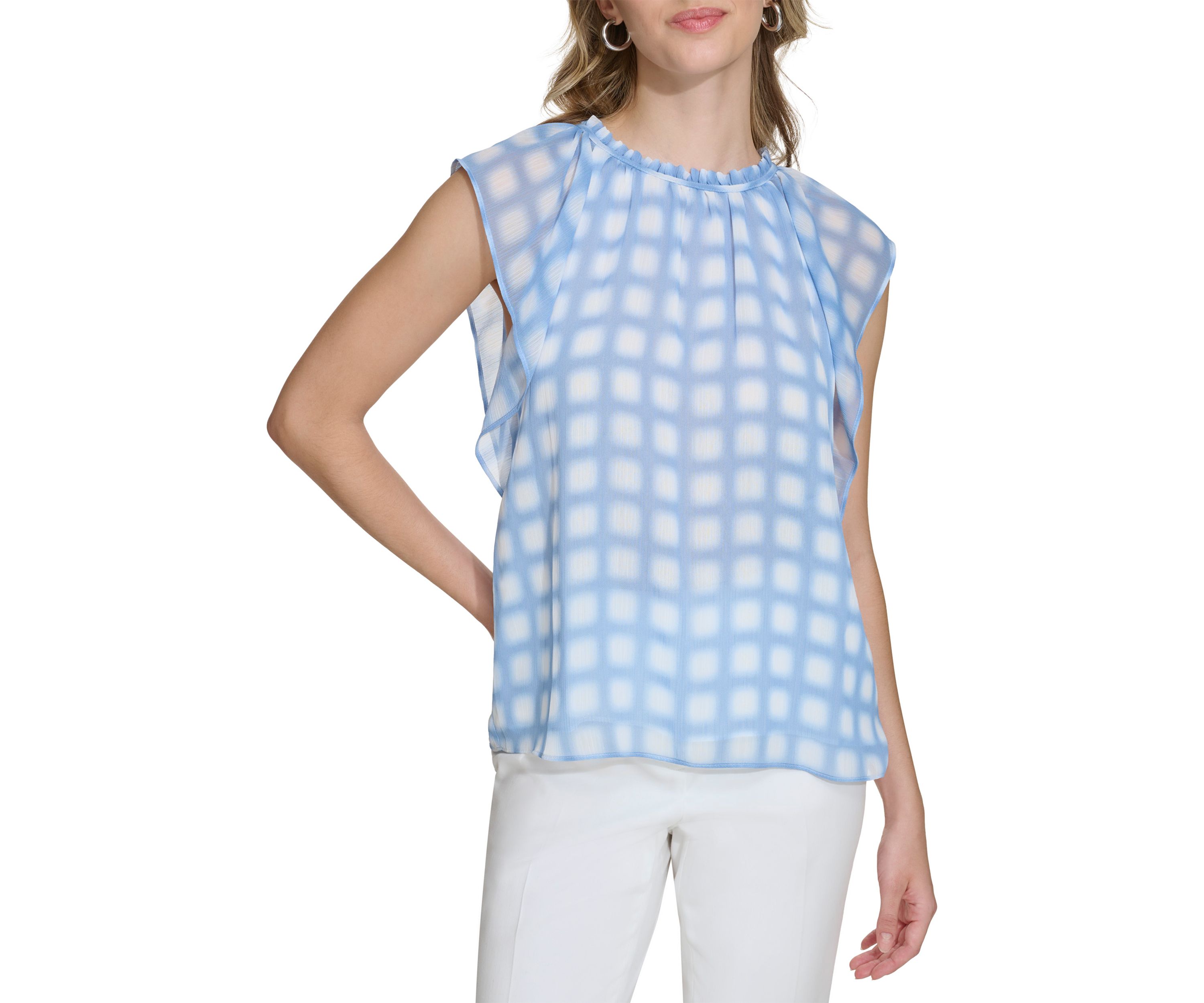 Womens Flutter Sleeve Printed Chiffon Blouse