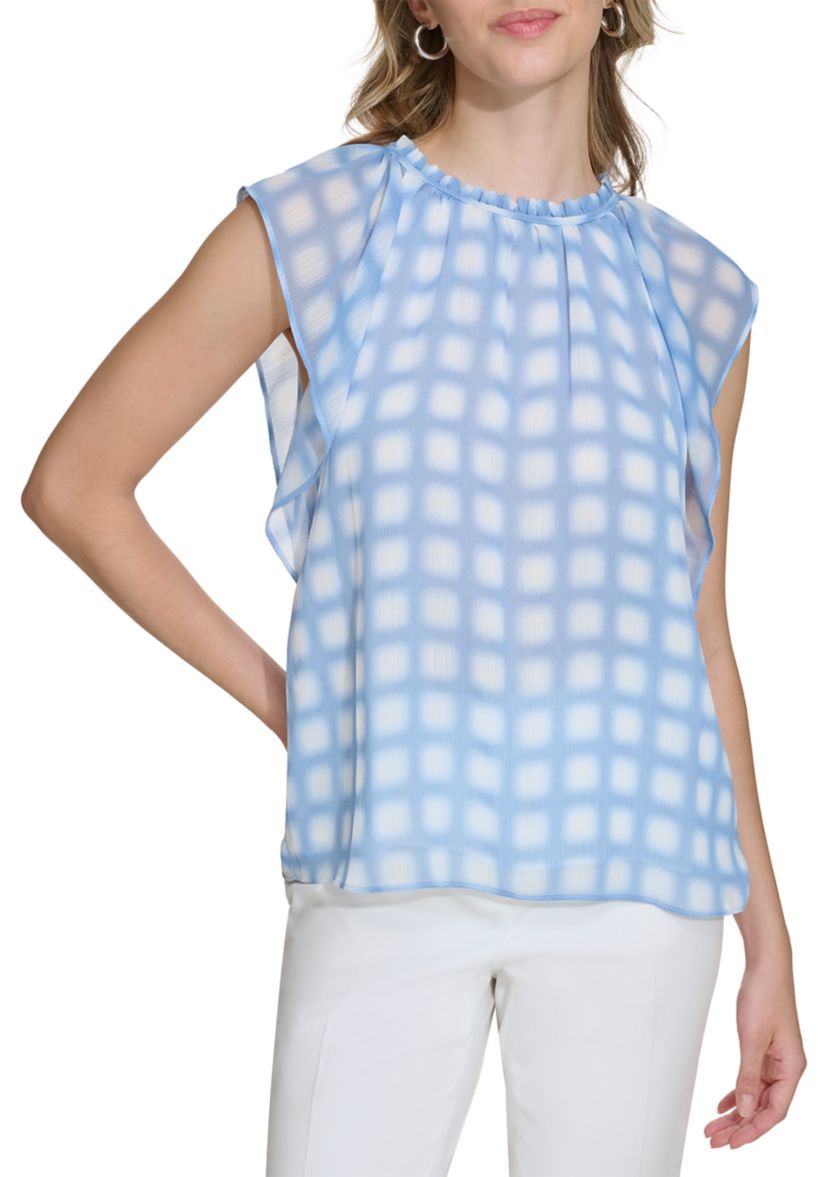 Womens Flutter Sleeve Printed Chiffon Blouse