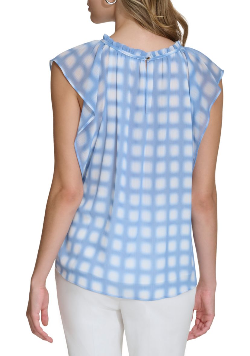 Womens Flutter Sleeve Printed Chiffon Blouse