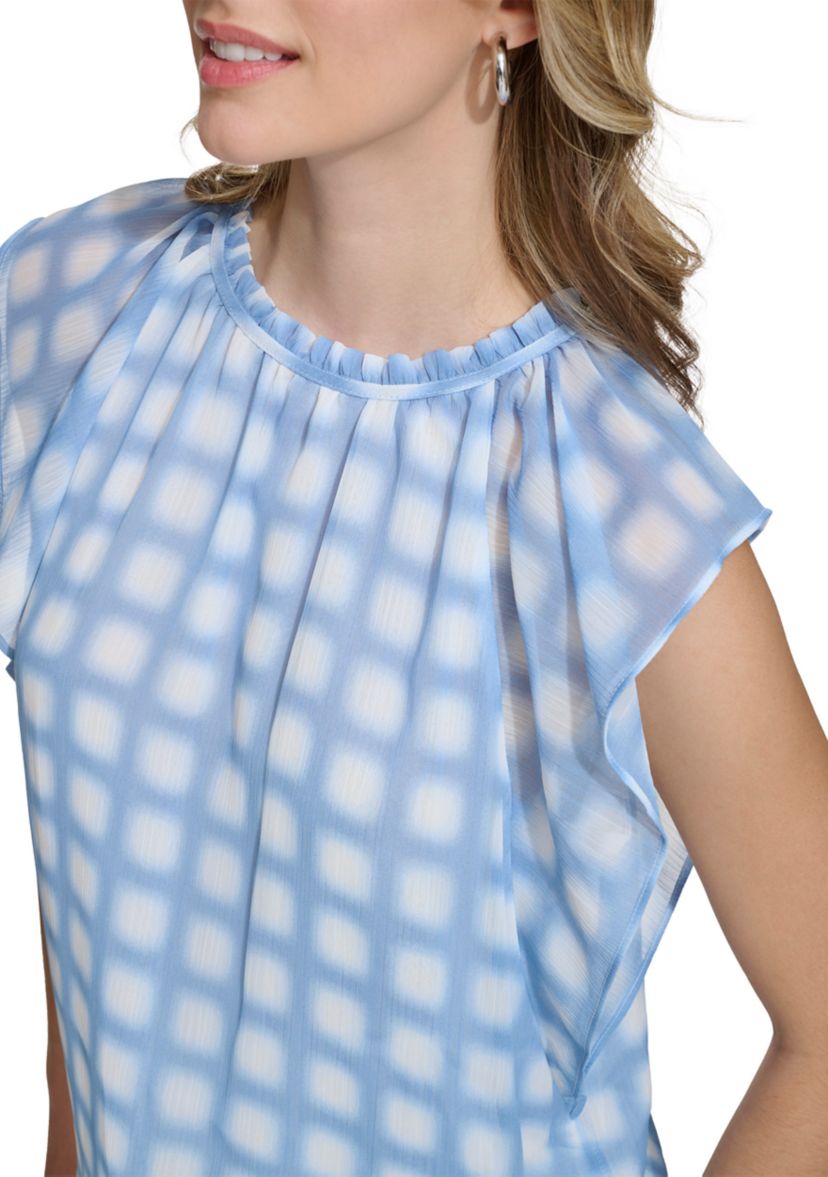 Womens Flutter Sleeve Printed Chiffon Blouse