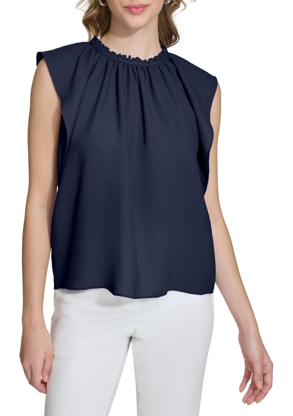 Womens Solid Flutter Sleeve Chiffon Blouse
