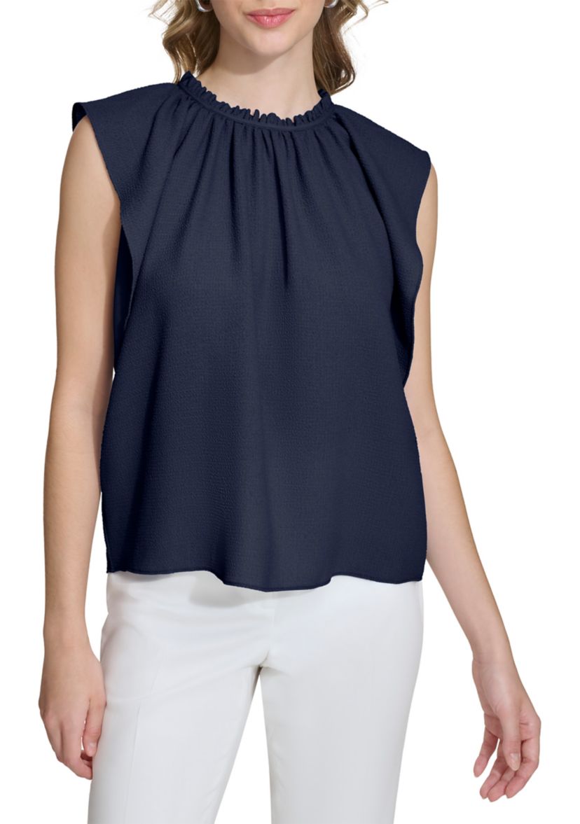 Womens Solid Flutter Sleeve Chiffon Blouse