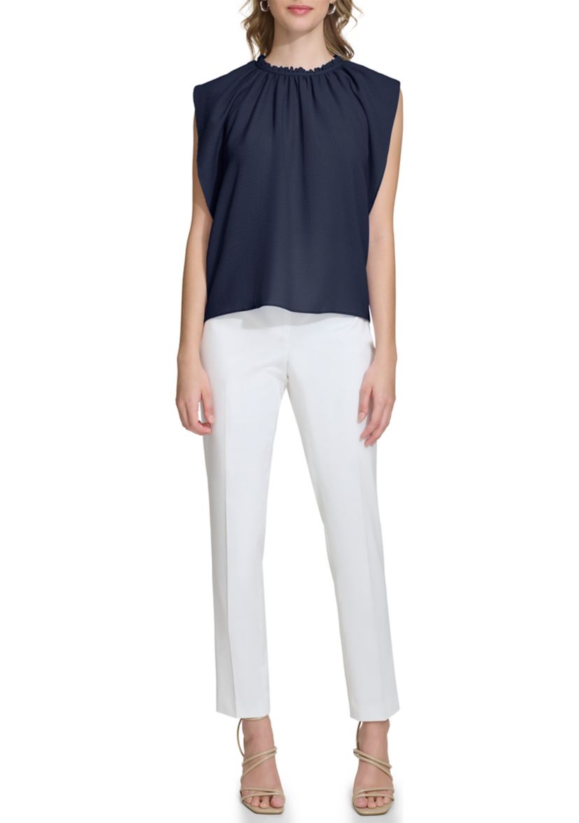 Womens Solid Flutter Sleeve Chiffon Blouse
