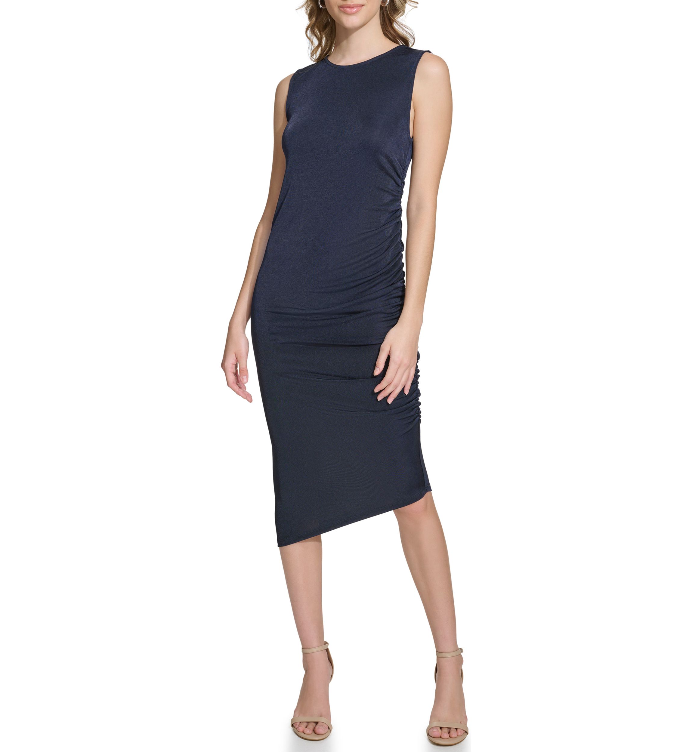 Womens Sleeveless Side Ruch Midi Dress