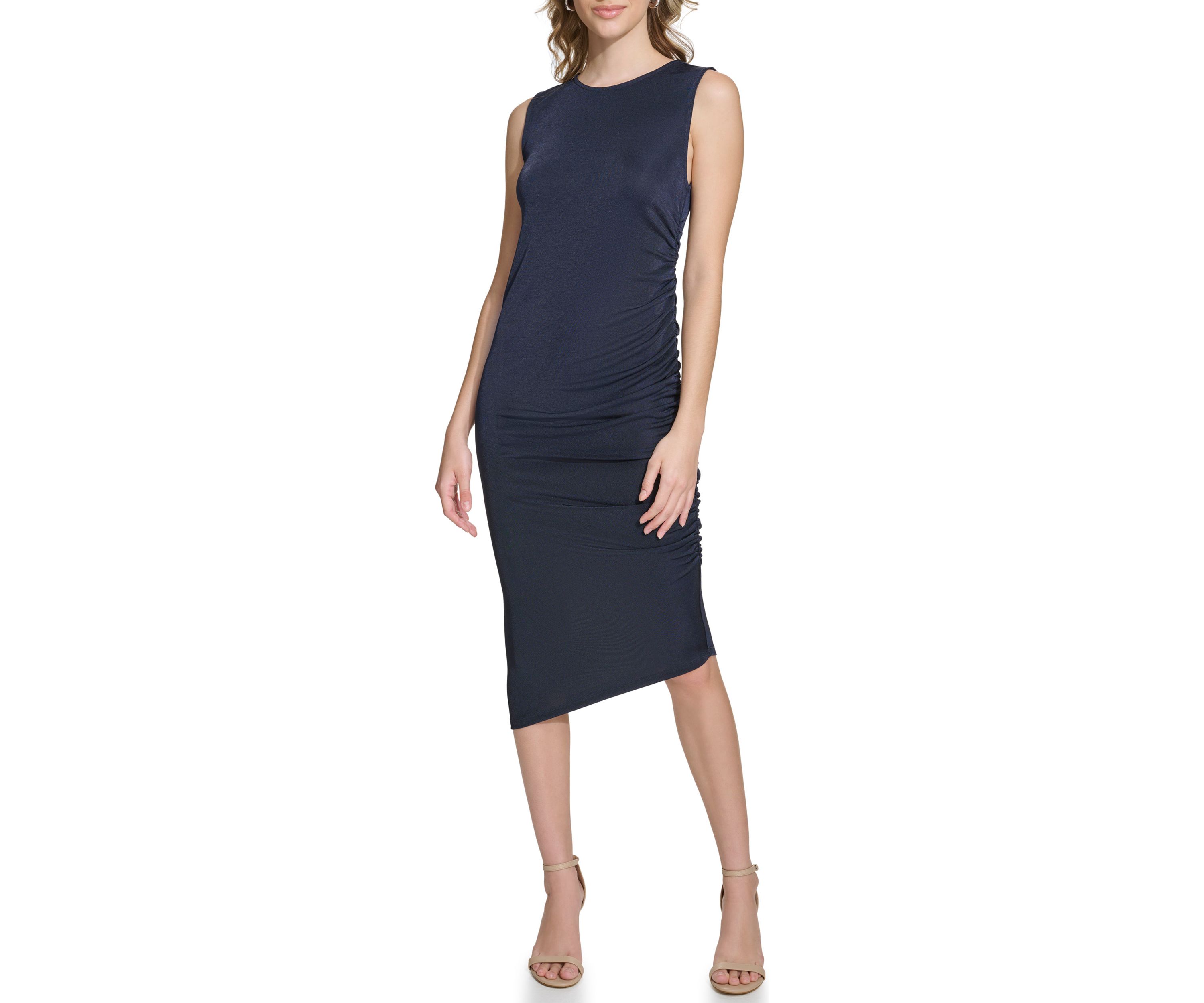 Womens Sleeveless Side Ruch Midi Dress