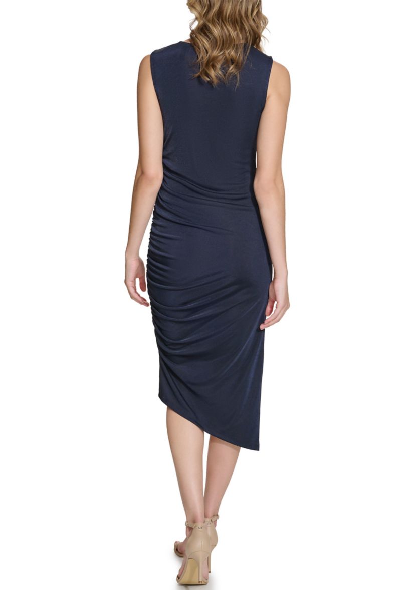 Womens Sleeveless Side Ruch Midi Dress