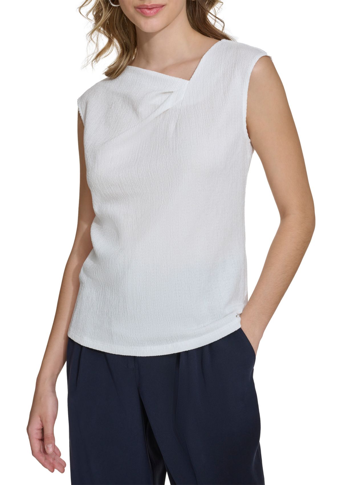 Womens Solid Asymmetrical Textured Knit Top