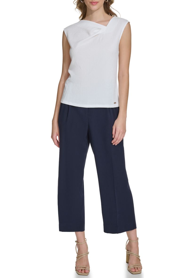 Womens Solid Asymmetrical Textured Knit Top