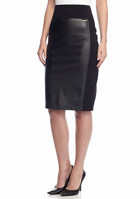 Calvin Klein Ponte Knit and Faux Leather Compression Skirt | belk