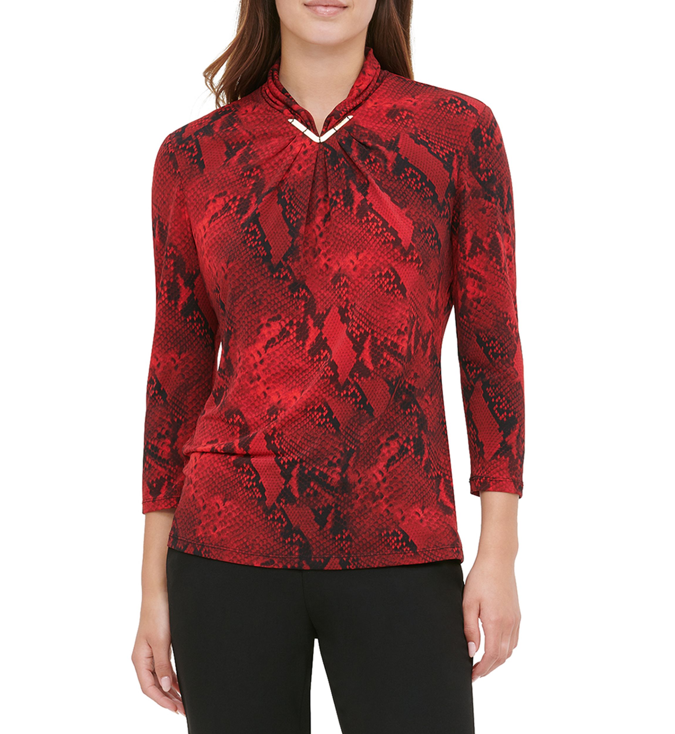  High Neck Printed Hardware Knit Top