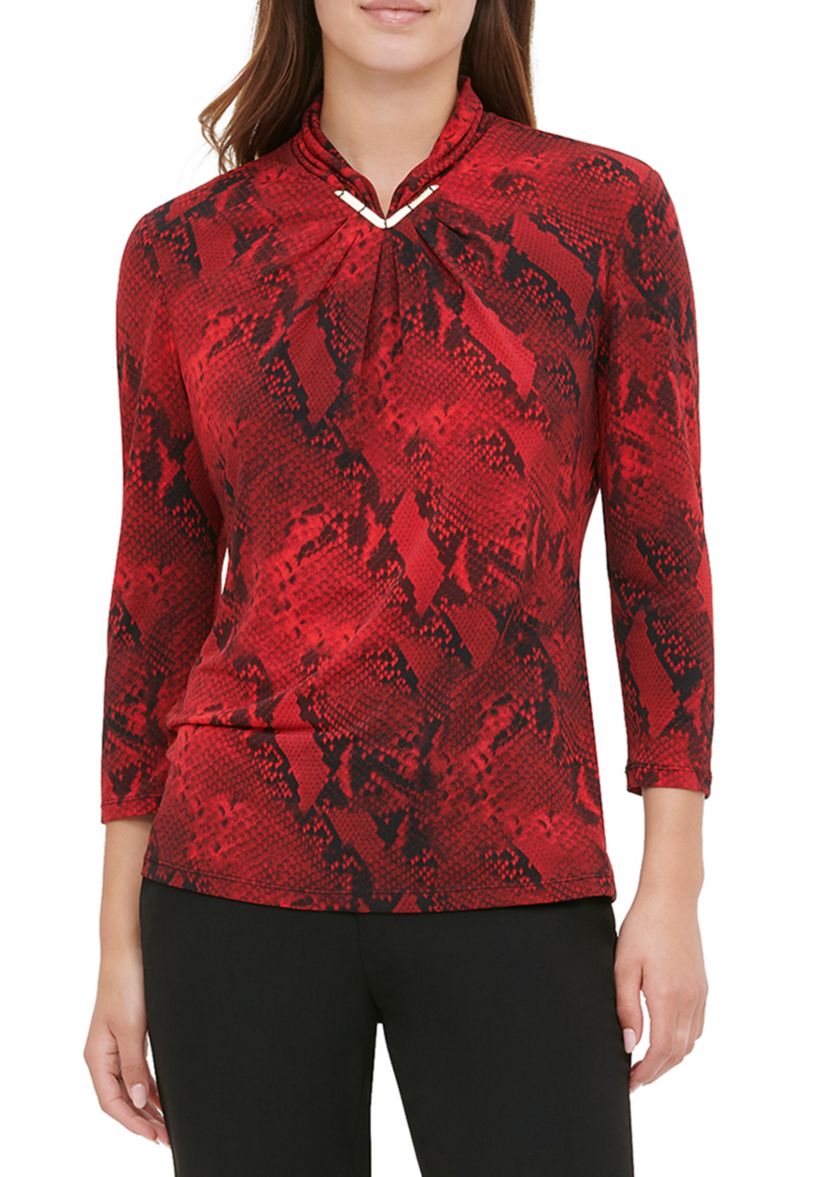  High Neck Printed Hardware Knit Top