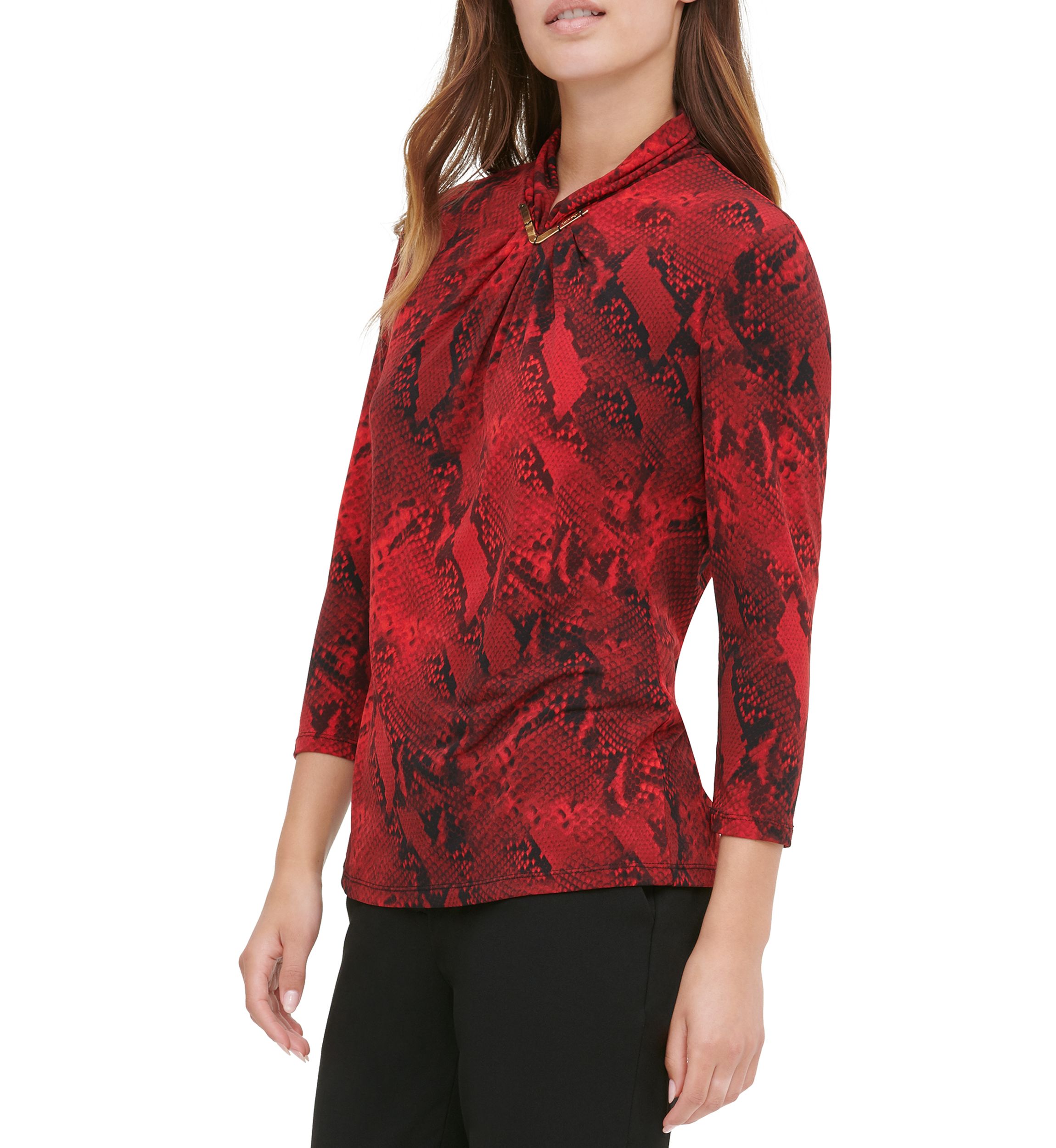  High Neck Printed Hardware Knit Top