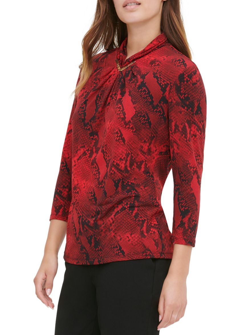  High Neck Printed Hardware Knit Top