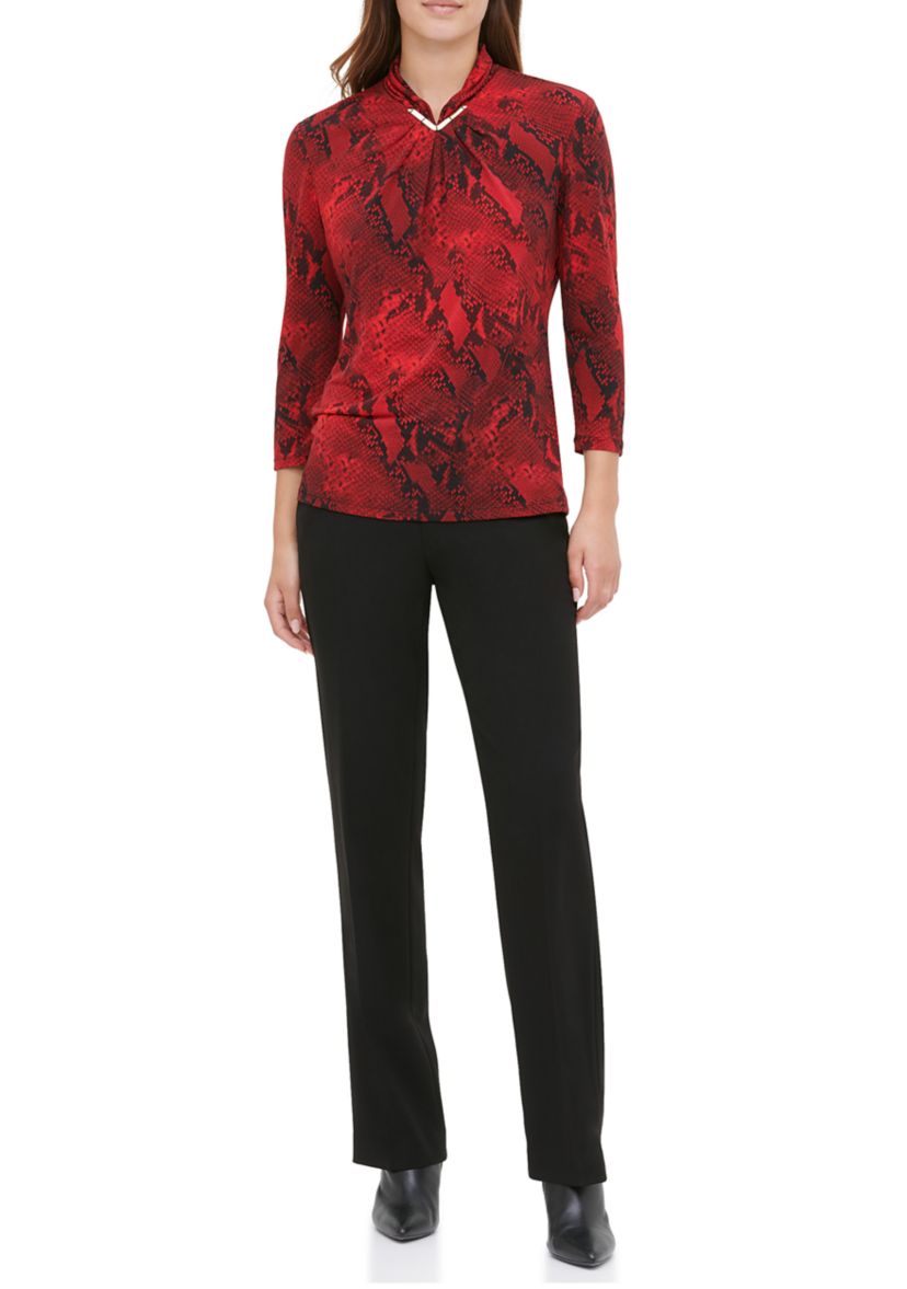  High Neck Printed Hardware Knit Top